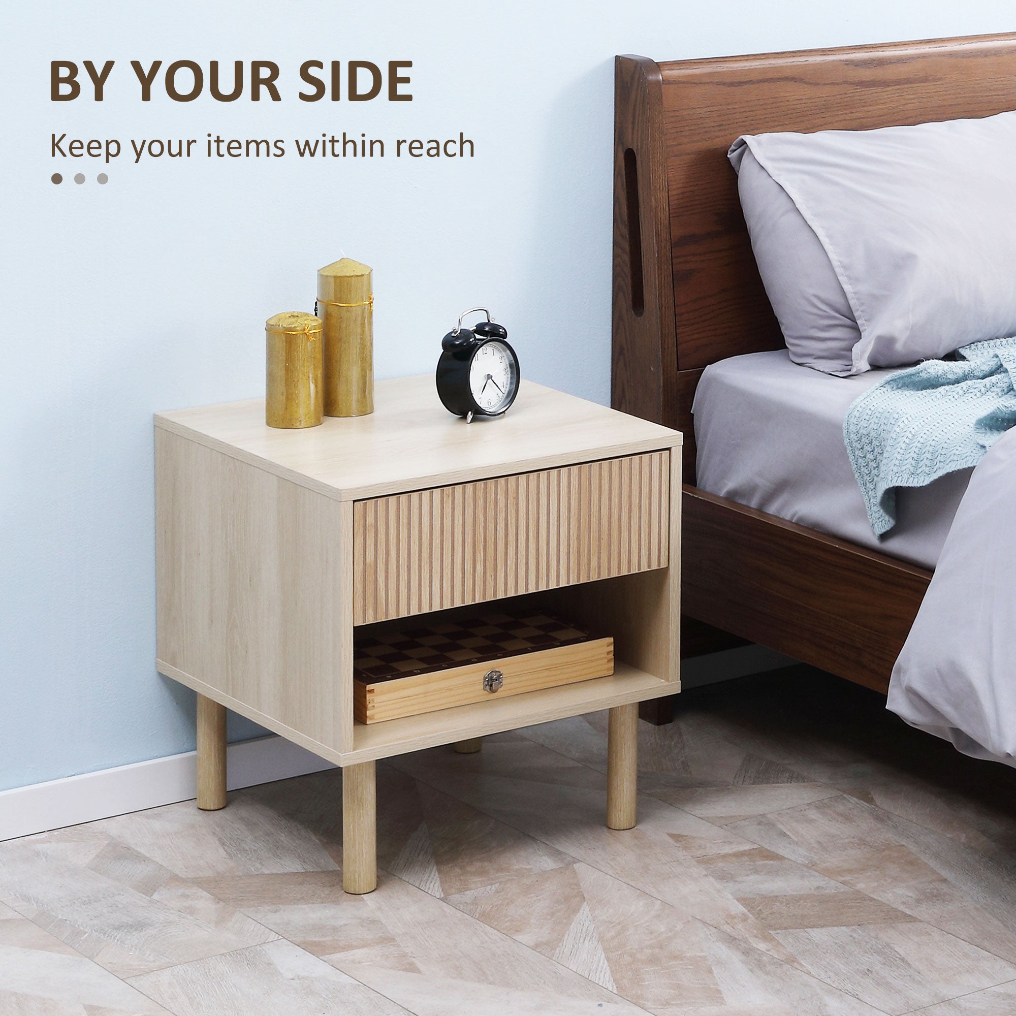 HOMCOM Modern Nightstand Set of 2, Bedside Table with Drawer and Open Shelf, Side End Table for Bedroom, Natural Wood