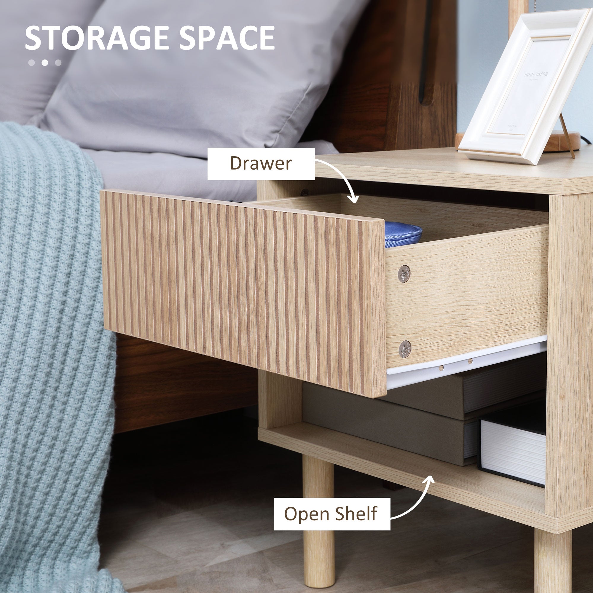HOMCOM Modern Nightstand Set of 2, Bedside Table with Drawer and Open Shelf, Side End Table for Bedroom, Natural Wood