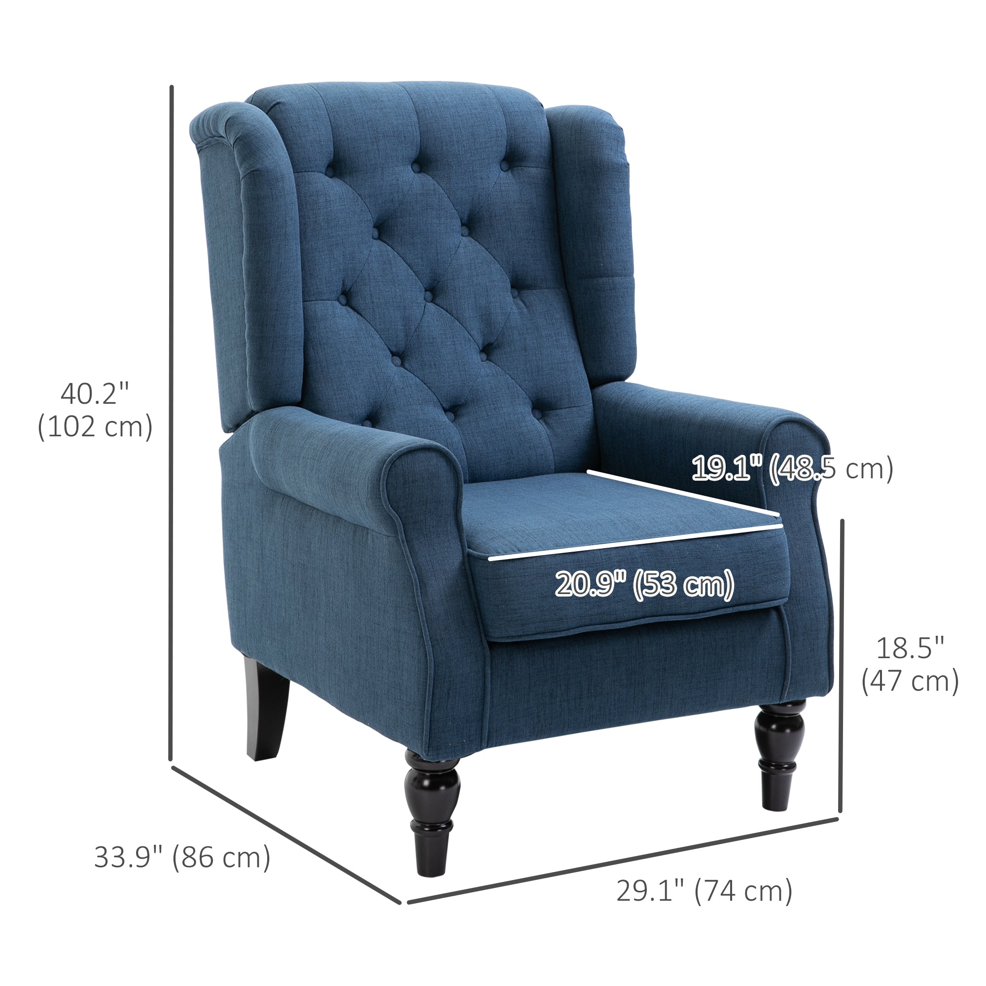 HOMCOM Fabric Accent Chair, Button Tufted Armchair, Upholstered Modern Living Room Chair, Wingback Chair with Wood Legs, Rolled Arms, Thick Padding for Bedroom, Blue