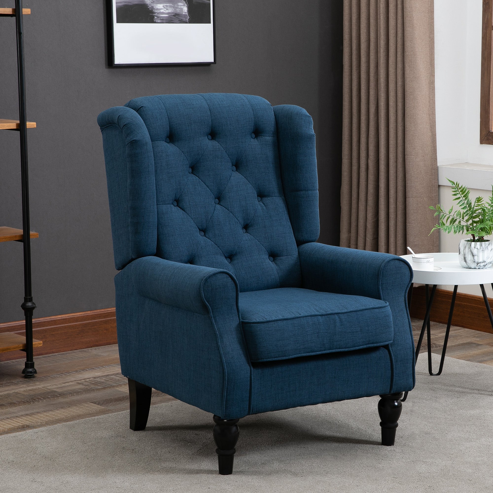 HOMCOM Fabric Accent Chair, Button Tufted Armchair, Upholstered Modern Living Room Chair, Wingback Chair with Wood Legs, Rolled Arms, Thick Padding for Bedroom, Blue
