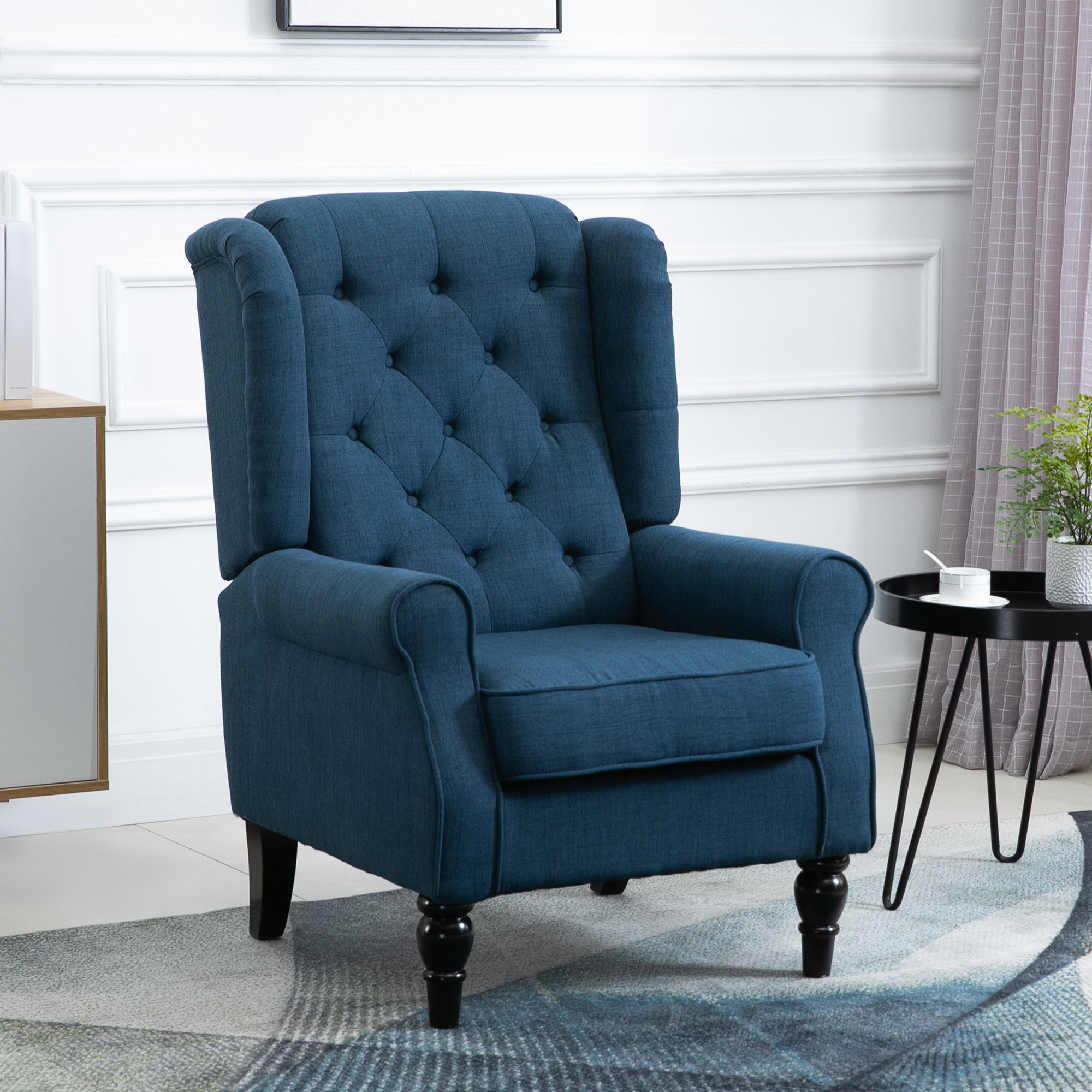 HOMCOM Fabric Accent Chair, Button Tufted Armchair, Upholstered Modern Living Room Chair, Wingback Chair with Wood Legs, Rolled Arms, Thick Padding for Bedroom, Blue