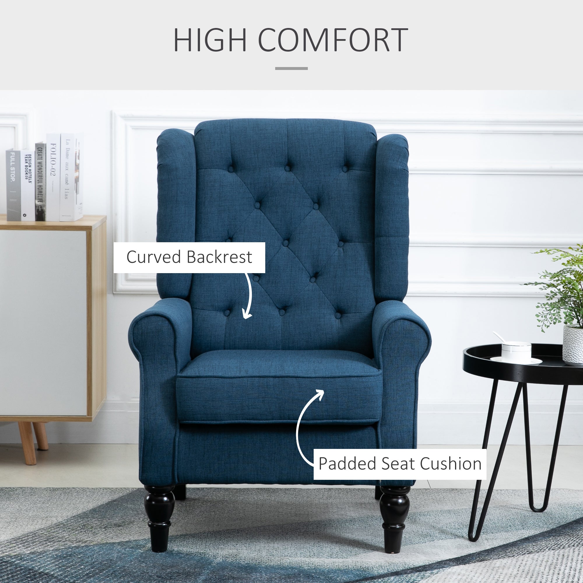 HOMCOM Fabric Accent Chair, Button Tufted Armchair, Upholstered Modern Living Room Chair, Wingback Chair with Wood Legs, Rolled Arms, Thick Padding for Bedroom, Blue