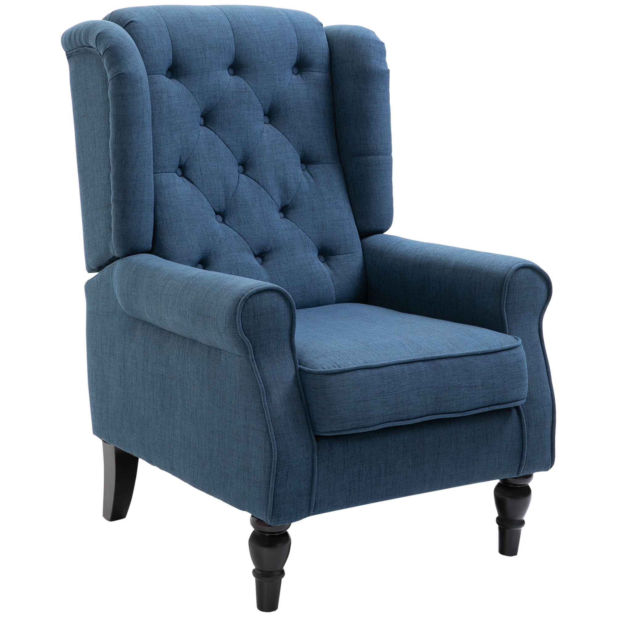 HOMCOM Fabric Accent Chair, Button Tufted Armchair, Upholstered Modern Living Room Chair, Wingback Chair with Wood Legs, Rolled Arms, Thick Padding for Bedroom, Blue