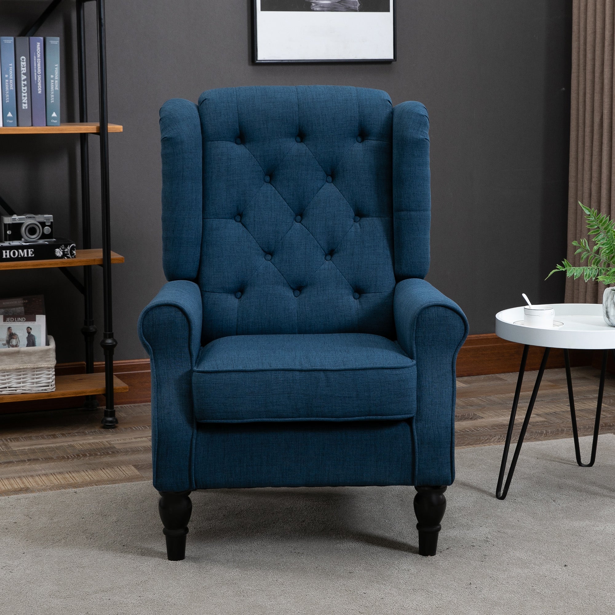 HOMCOM Fabric Accent Chair, Button Tufted Armchair, Upholstered Modern Living Room Chair, Wingback Chair with Wood Legs, Rolled Arms, Thick Padding for Bedroom, Blue