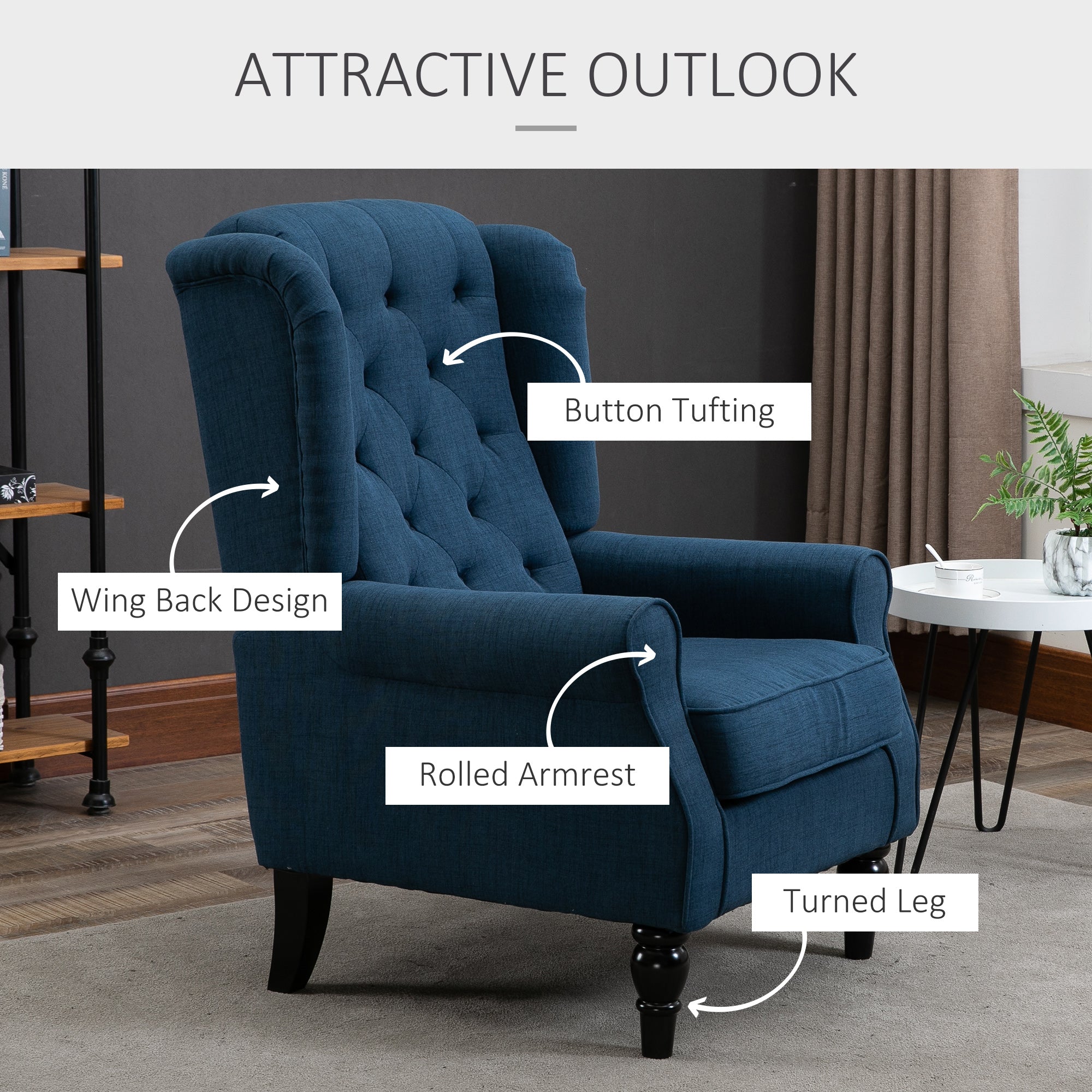 HOMCOM Fabric Accent Chair, Button Tufted Armchair, Upholstered Modern Living Room Chair, Wingback Chair with Wood Legs, Rolled Arms, Thick Padding for Bedroom, Blue