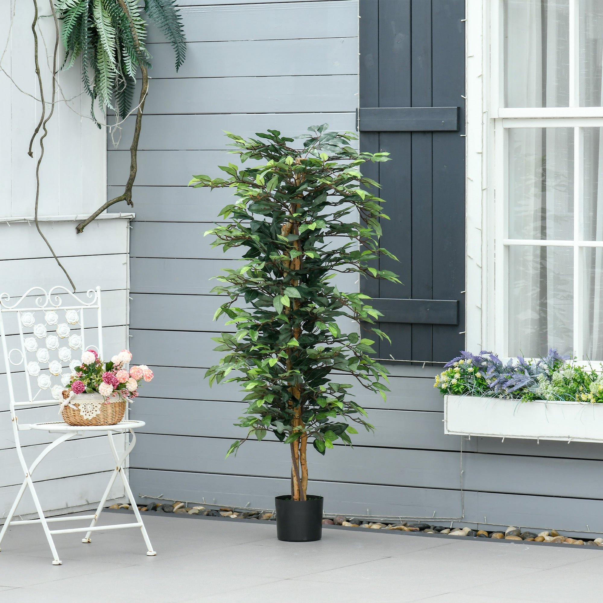 HOMCOM 5FT Artificial Ficus Tree, Fake Tree with Leaves, Faux Plant in Nursery Pot for Indoor and Outdoor Decoration