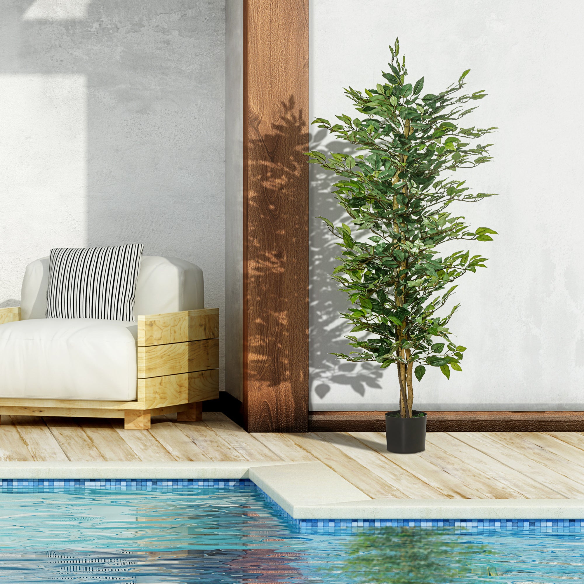 HOMCOM 5FT Artificial Ficus Tree, Fake Tree with Leaves, Faux Plant in Nursery Pot for Indoor and Outdoor Decoration