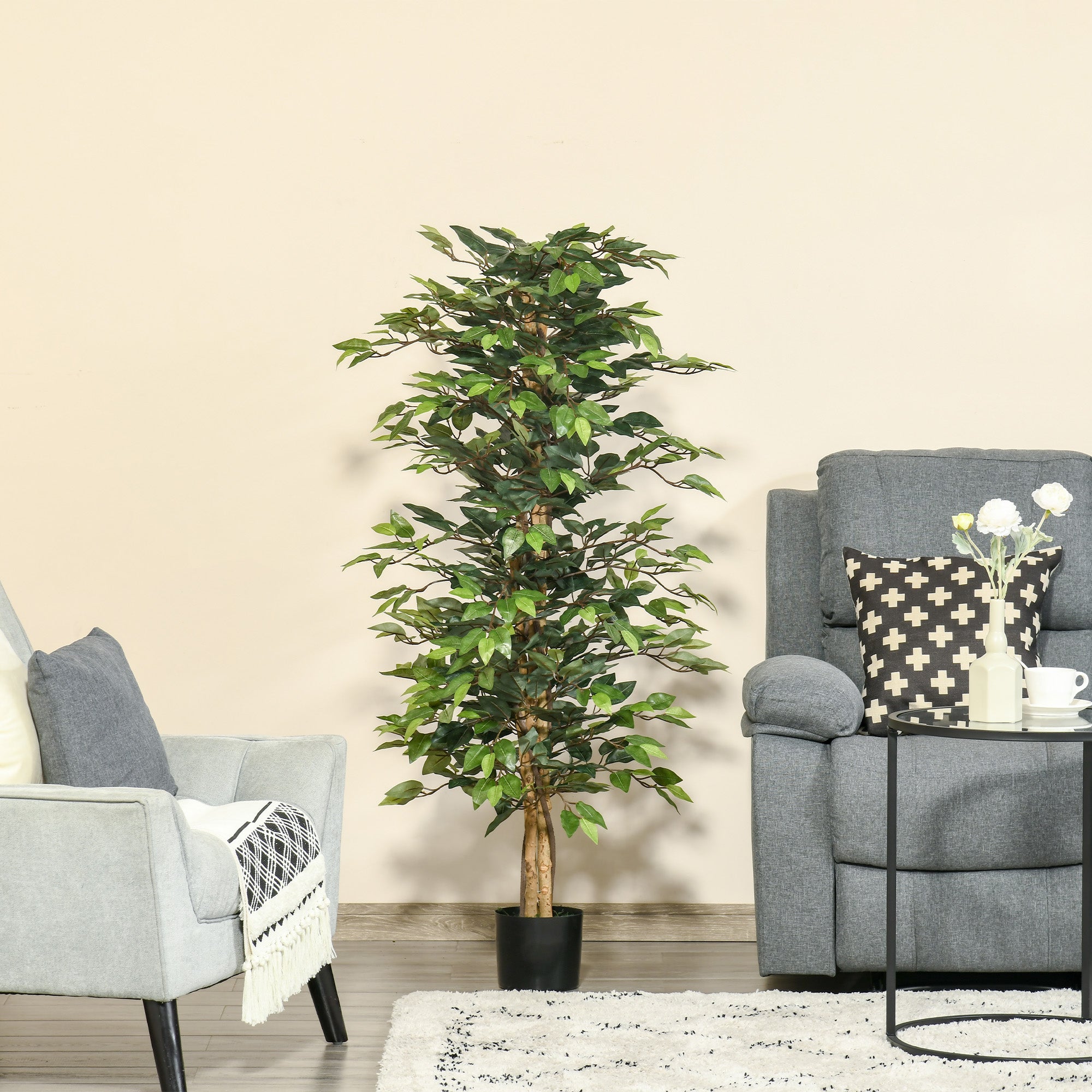 HOMCOM 5FT Artificial Ficus Tree, Fake Tree with Leaves, Faux Plant in Nursery Pot for Indoor and Outdoor Decoration