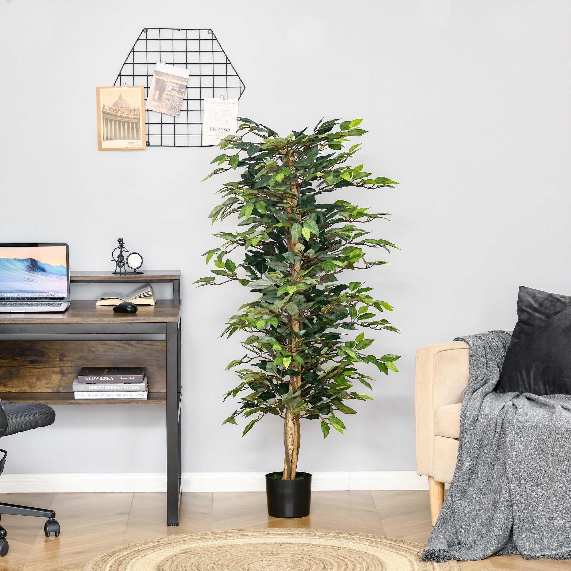 HOMCOM 5FT Artificial Ficus Tree, Fake Tree with Leaves, Faux Plant in Nursery Pot for Indoor and Outdoor Decoration