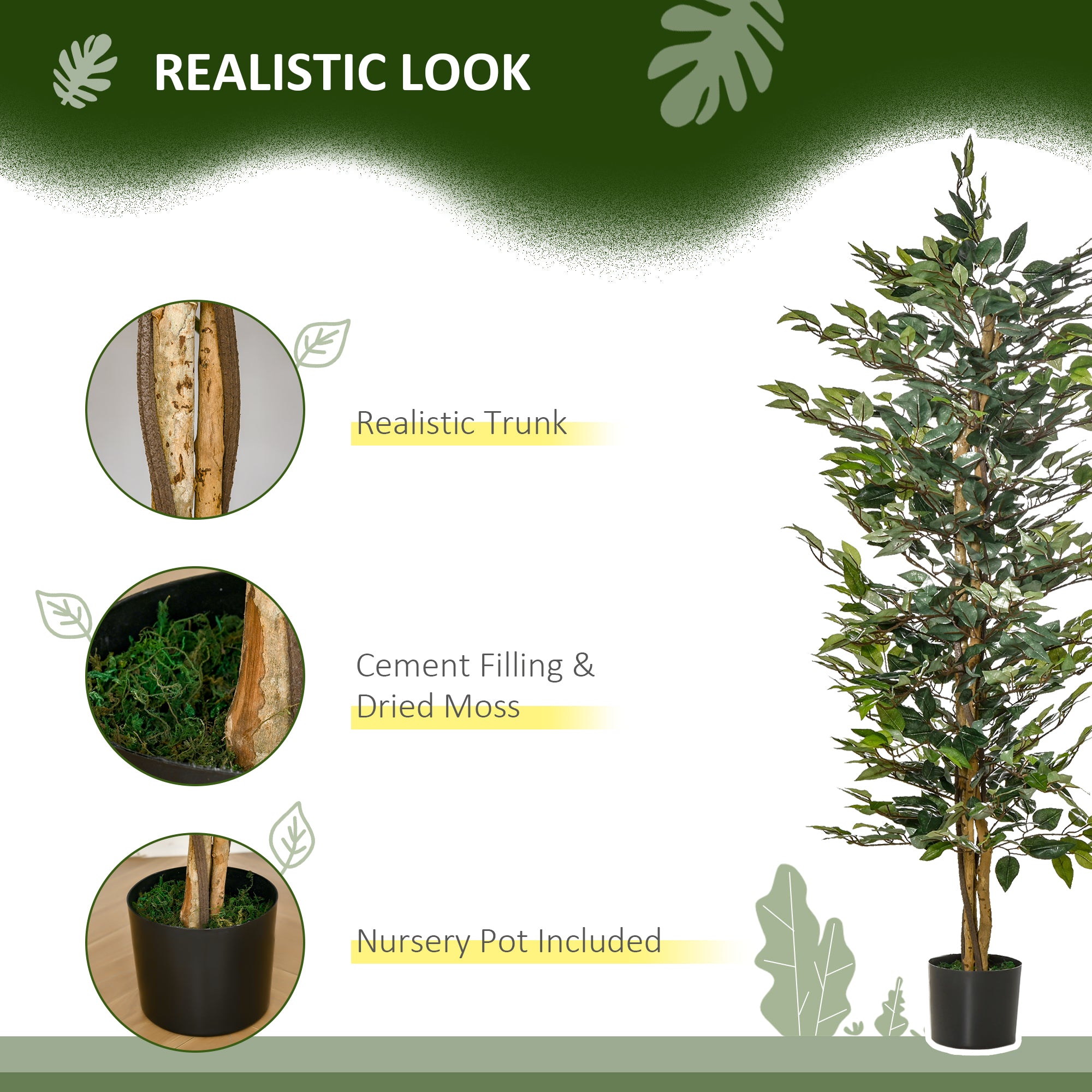 HOMCOM 5FT Artificial Ficus Tree, Fake Tree with Leaves, Faux Plant in Nursery Pot for Indoor and Outdoor Decoration