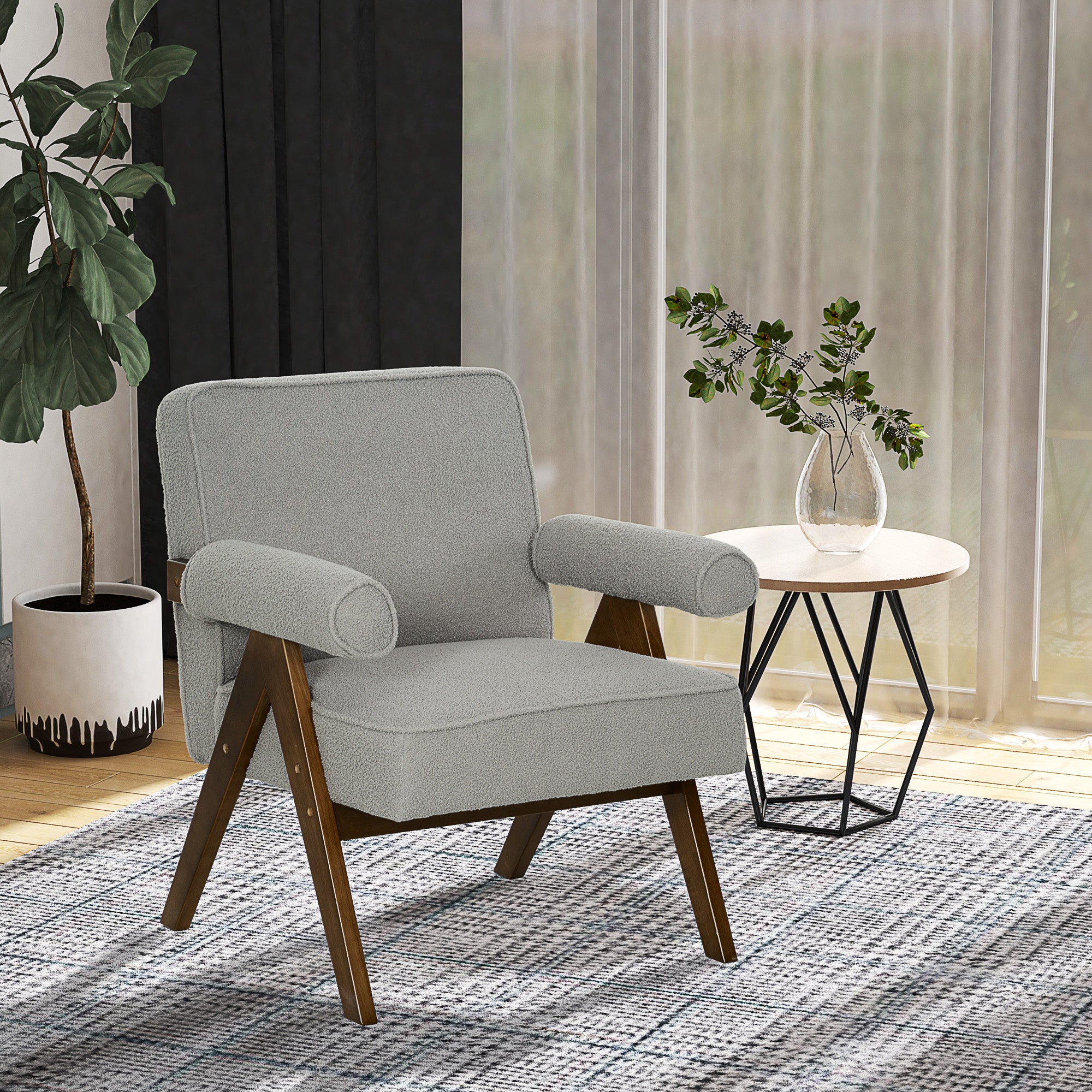 HOMCOM Accent Chair with Wide Seat, Cashmere Upholstered Armchair, Modern Living Room Chair with Soft Padded Armrests and Solid Wood Legs for Reading, Bedroom, Light Grey