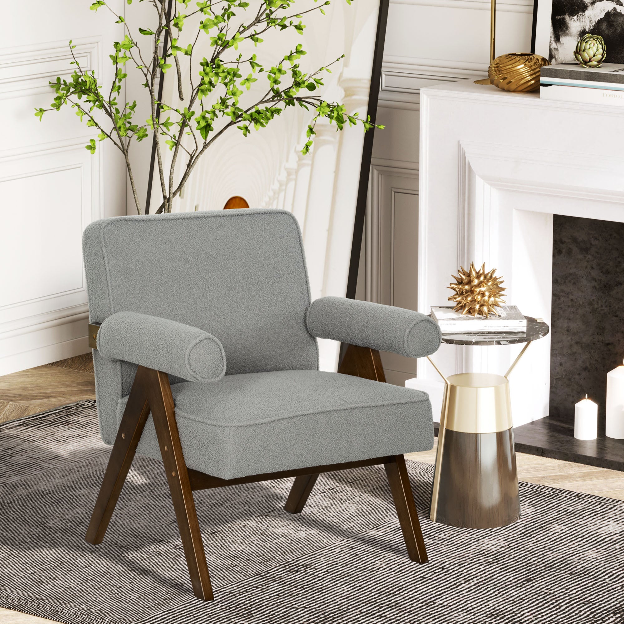 HOMCOM Accent Chair with Wide Seat, Cashmere Upholstered Armchair, Modern Living Room Chair with Soft Padded Armrests and Solid Wood Legs for Reading, Bedroom, Light Grey