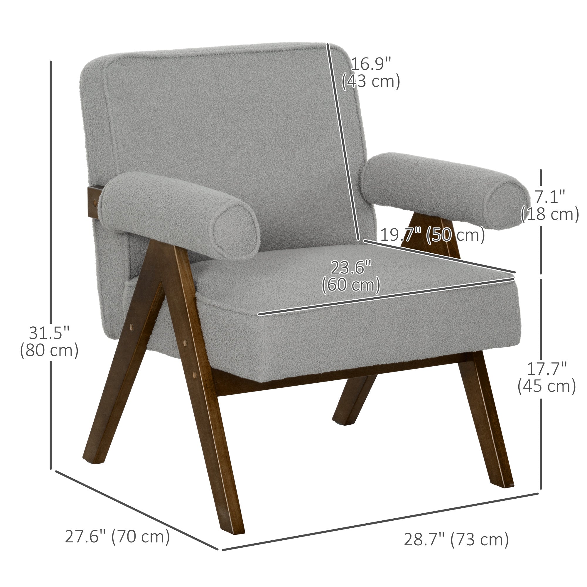 HOMCOM Accent Chair with Wide Seat, Cashmere Upholstered Armchair, Modern Living Room Chair with Soft Padded Armrests and Solid Wood Legs for Reading, Bedroom, Light Grey