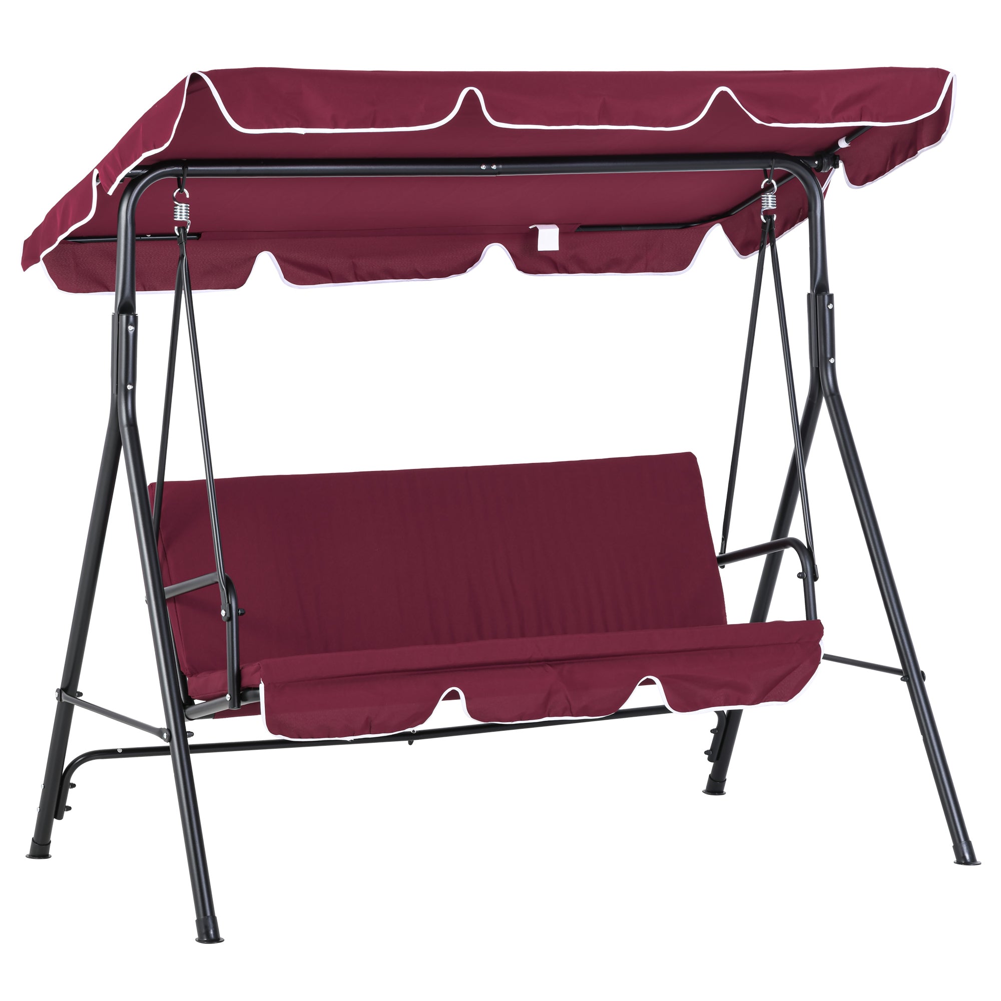 Outsunny 3-Seat Patio Swing Chair, Outdoor Porch Swing Glider with Adjustable Canopy, Removable Cushion, and Weather Resistant Steel Frame, for Garden, Poolside, Wine Red
