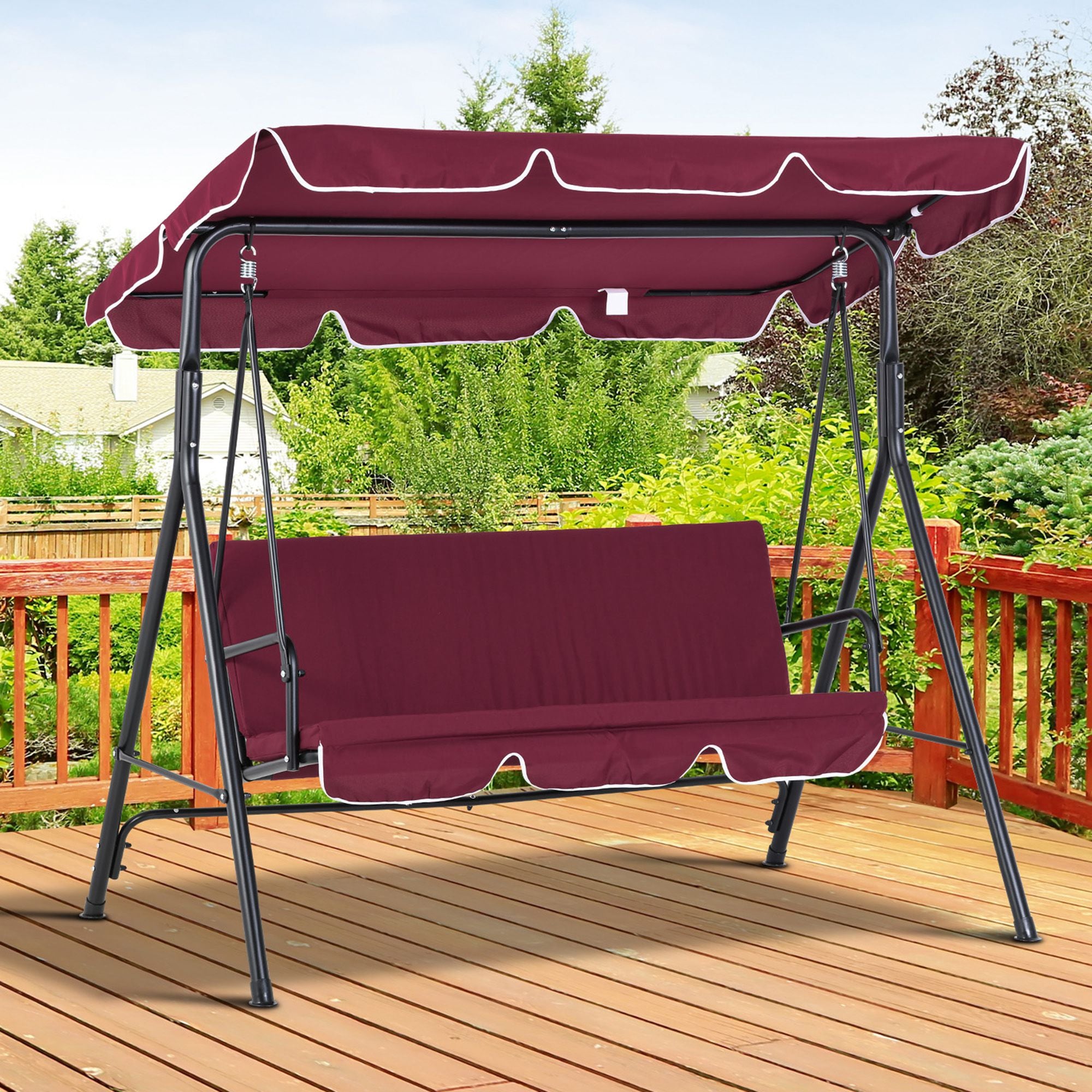 Outsunny 3-Seat Patio Swing Chair, Outdoor Porch Swing Glider with Adjustable Canopy, Removable Cushion, and Weather Resistant Steel Frame, for Garden, Poolside, Wine Red