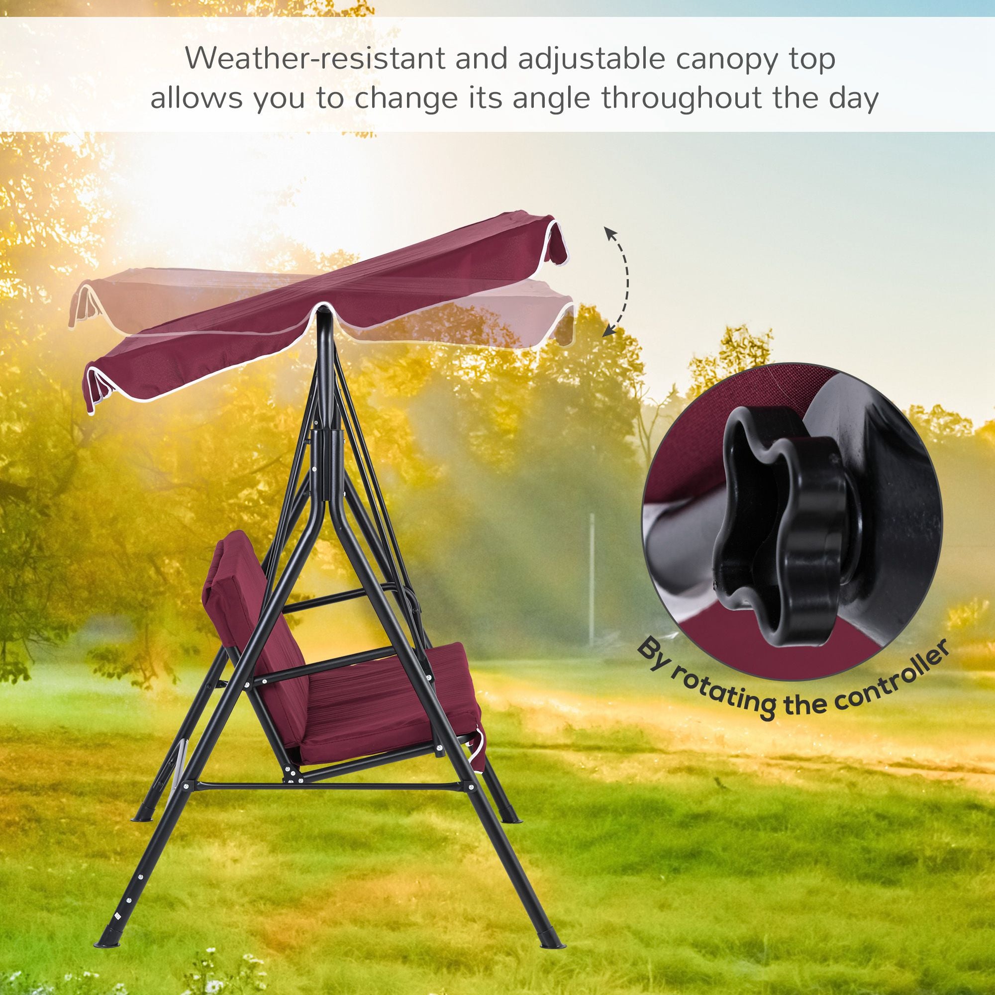 Outsunny 3-Seat Patio Swing Chair, Outdoor Porch Swing Glider with Adjustable Canopy, Removable Cushion, and Weather Resistant Steel Frame, for Garden, Poolside, Wine Red