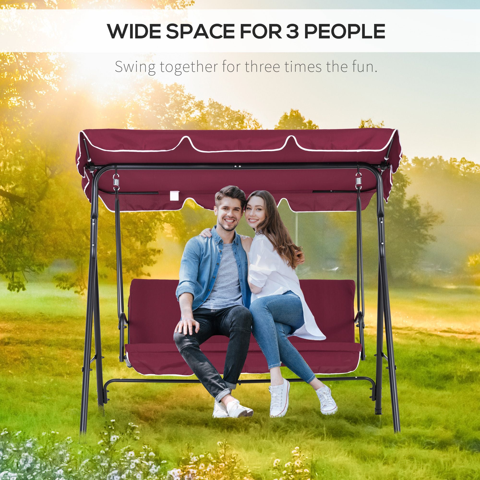 Outsunny 3-Seat Patio Swing Chair, Outdoor Porch Swing Glider with Adjustable Canopy, Removable Cushion, and Weather Resistant Steel Frame, for Garden, Poolside, Wine Red