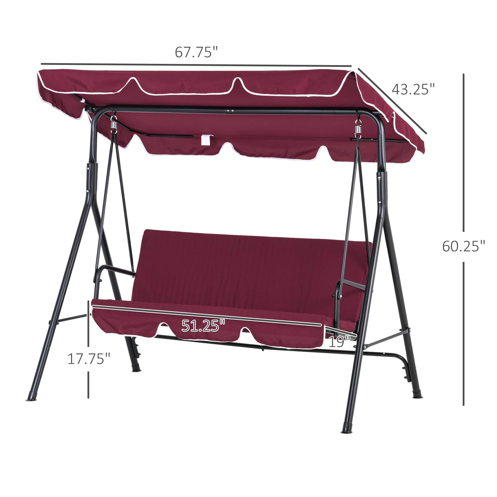 Outsunny 3-Seat Patio Swing Chair, Outdoor Porch Swing Glider with Adjustable Canopy, Removable Cushion, and Weather Resistant Steel Frame, for Garden, Poolside, Wine Red