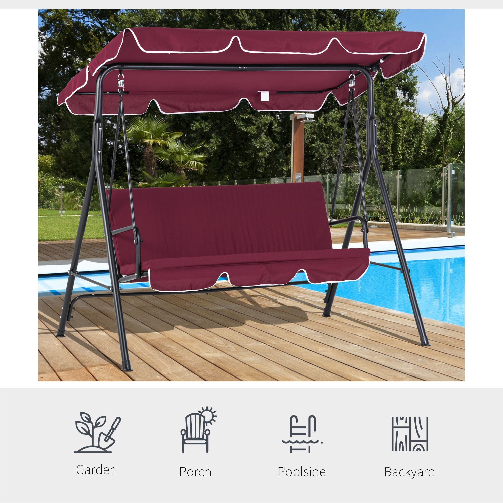 Outsunny 3-Seat Patio Swing Chair, Outdoor Porch Swing Glider with Adjustable Canopy, Removable Cushion, and Weather Resistant Steel Frame, for Garden, Poolside, Wine Red