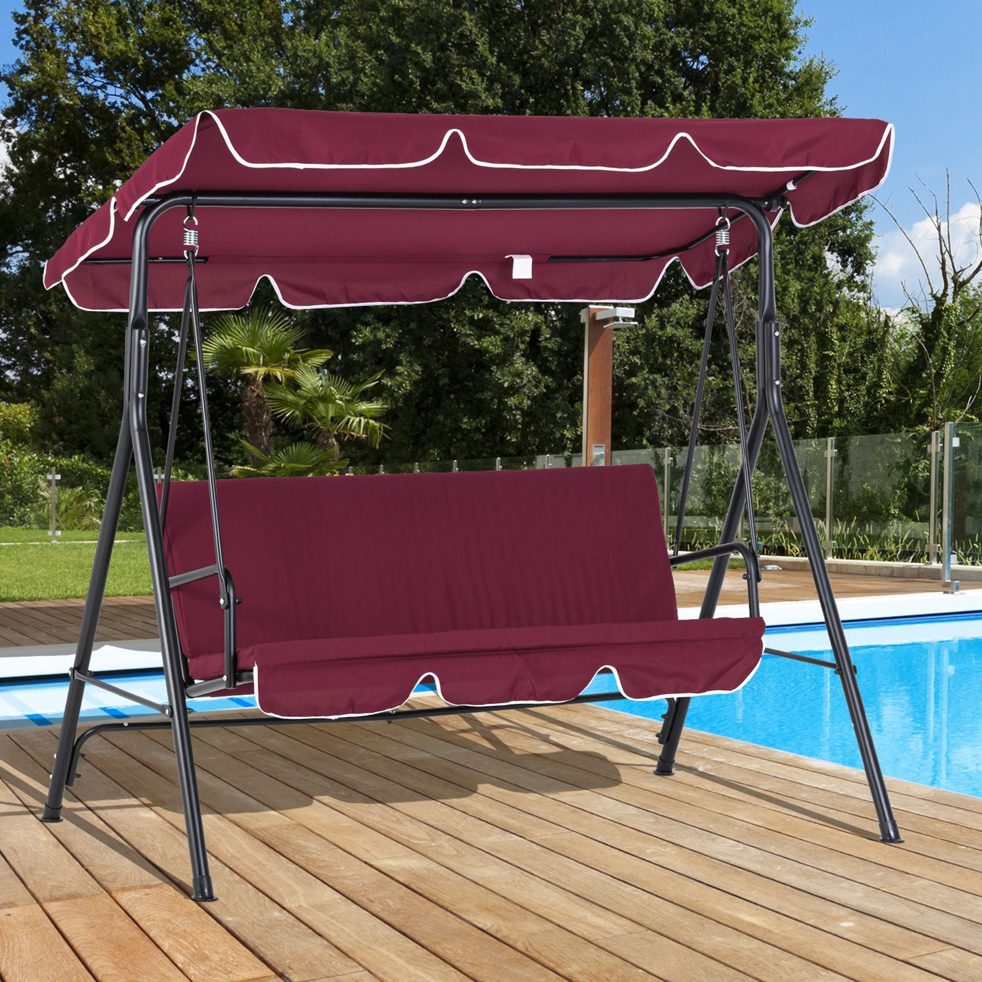 Outsunny 3-Seat Patio Swing Chair, Outdoor Porch Swing Glider with Adjustable Canopy, Removable Cushion, and Weather Resistant Steel Frame, for Garden, Poolside, Wine Red