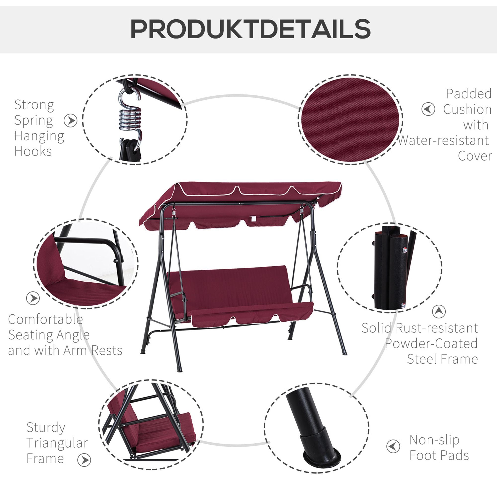 Outsunny 3-Seat Patio Swing Chair, Outdoor Porch Swing Glider with Adjustable Canopy, Removable Cushion, and Weather Resistant Steel Frame, for Garden, Poolside, Wine Red