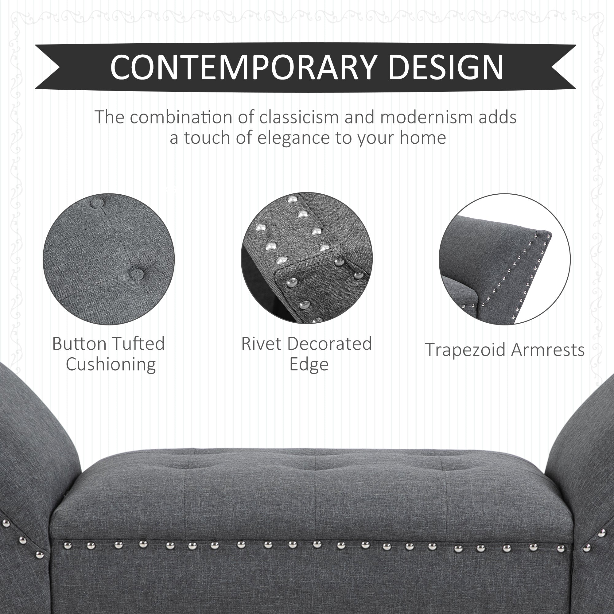 HOMCOM Button Tufted End of Bed Bench, Linen Fabric Upholstered Bedroom Bench, Entryway Bench with Arms and Nailhead Trim for Living Room, Hallway, Dark Grey