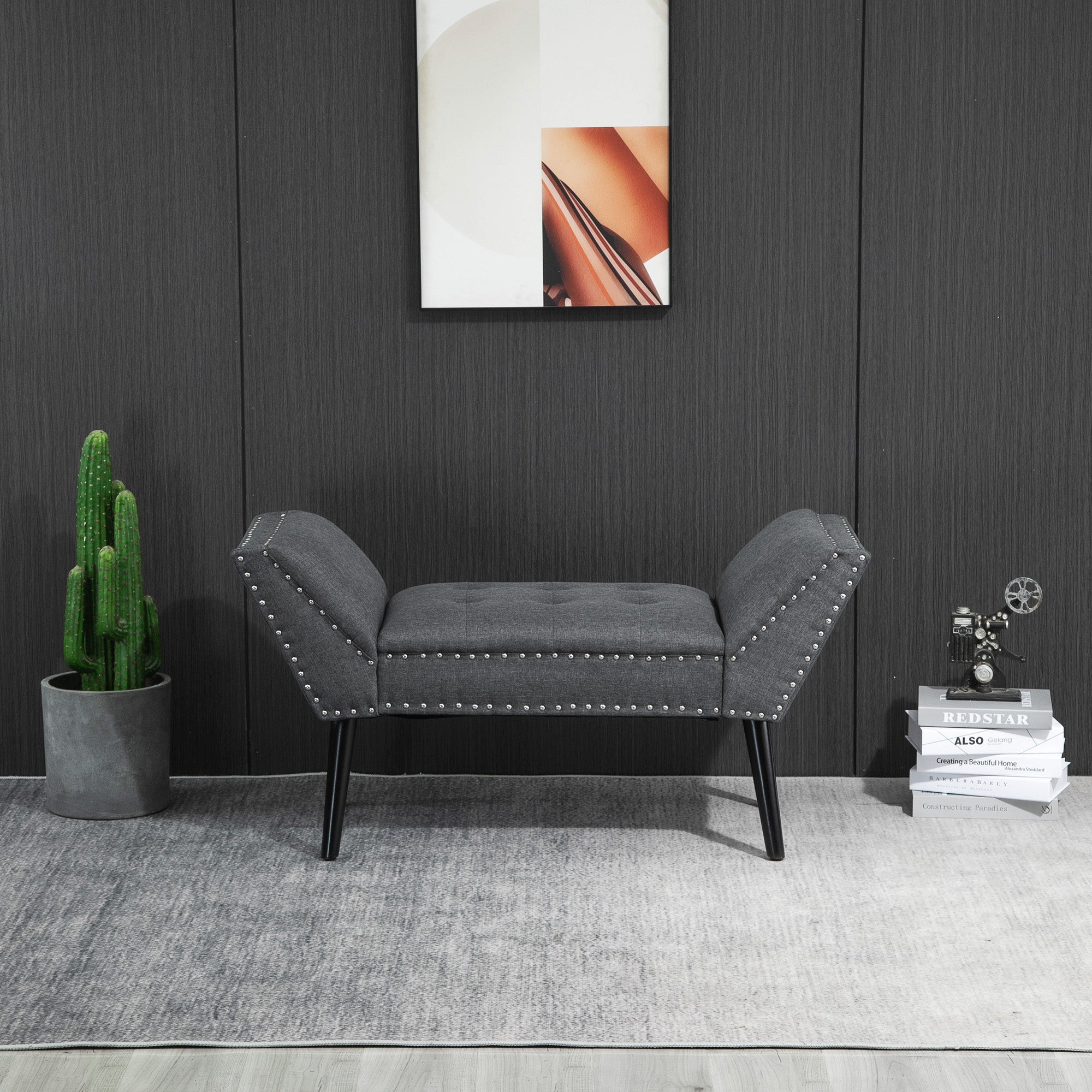 HOMCOM Button Tufted End of Bed Bench, Linen Fabric Upholstered Bedroom Bench, Entryway Bench with Arms and Nailhead Trim for Living Room, Hallway, Dark Grey