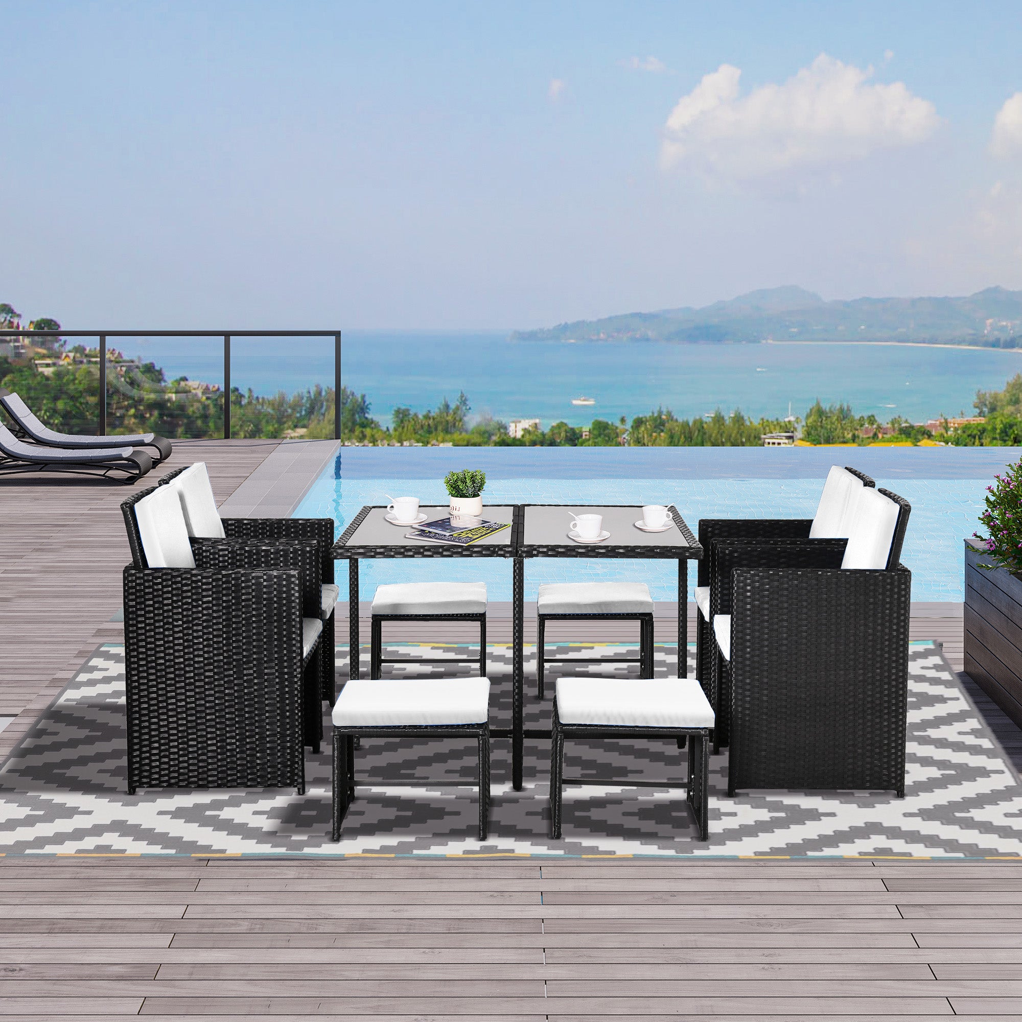 Outsunny 9 Pieces Wicker Patio Dining Set Outdoor Furniture Set with Removable Cushions, Glass Top Dining Table, Ottomans, PE Rattan Conversation Set for Garden Poolside, Cream