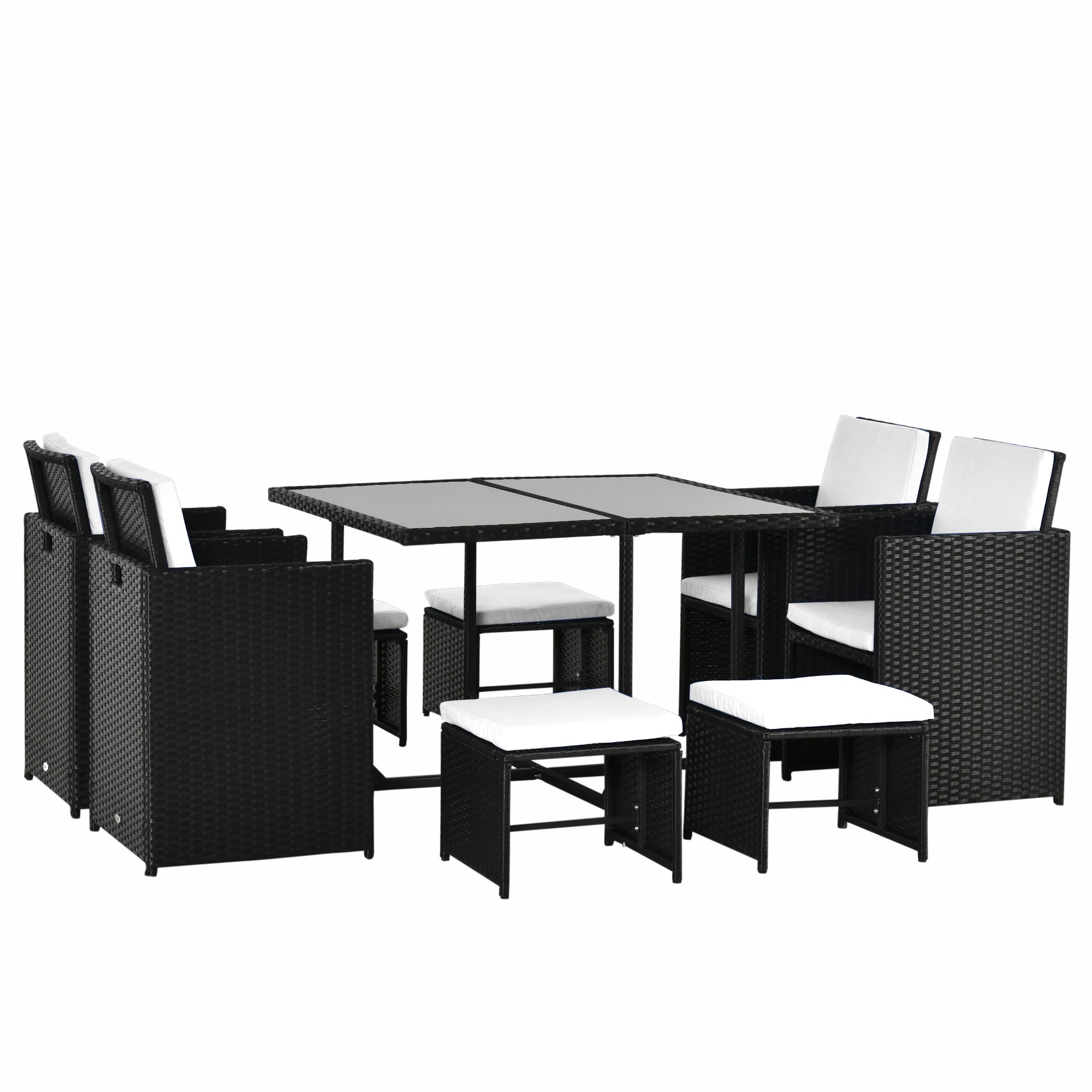 Outsunny 9 Pieces Wicker Patio Dining Set Outdoor Furniture Set with Removable Cushions, Glass Top Dining Table, Ottomans, PE Rattan Conversation Set for Garden Poolside, Cream