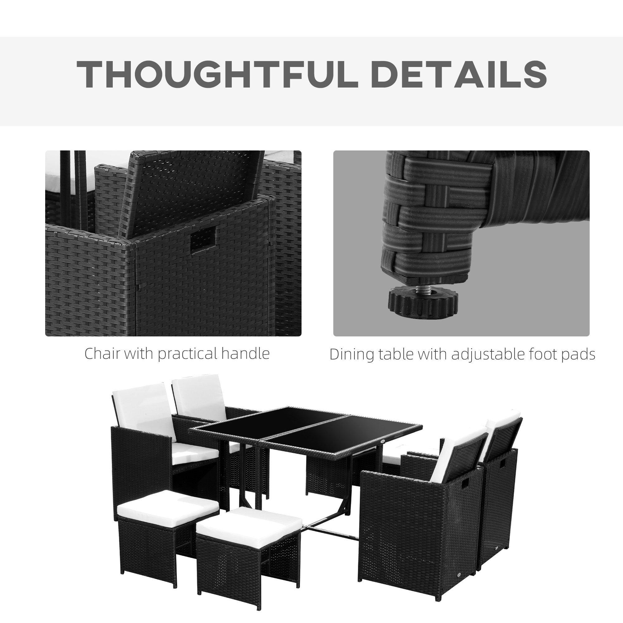 Outsunny 9 Pieces Wicker Patio Dining Set Outdoor Furniture Set with Removable Cushions, Glass Top Dining Table, Ottomans, PE Rattan Conversation Set for Garden Poolside, Cream