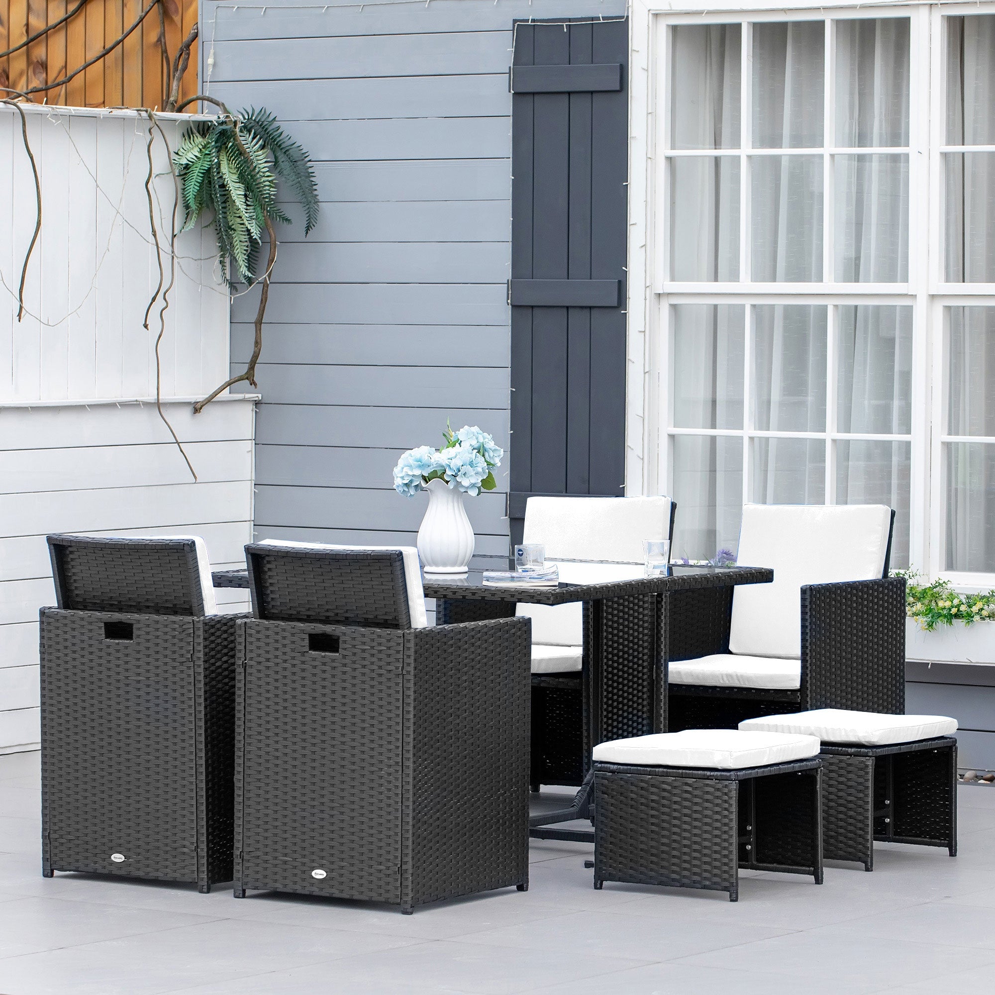 Outsunny 9 Pieces Wicker Patio Dining Set Outdoor Furniture Set with Removable Cushions, Glass Top Dining Table, Ottomans, PE Rattan Conversation Set for Garden Poolside, Cream