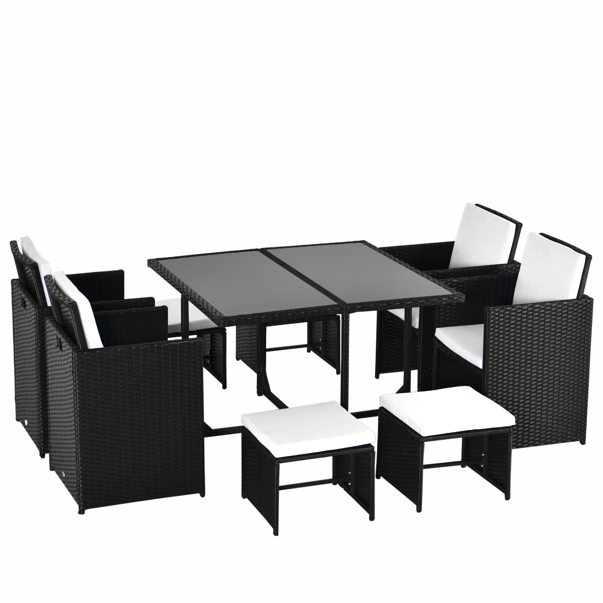 Outsunny 9 Pieces Wicker Patio Dining Set Outdoor Furniture Set with Removable Cushions, Glass Top Dining Table, Ottomans, PE Rattan Conversation Set for Garden Poolside, Cream
