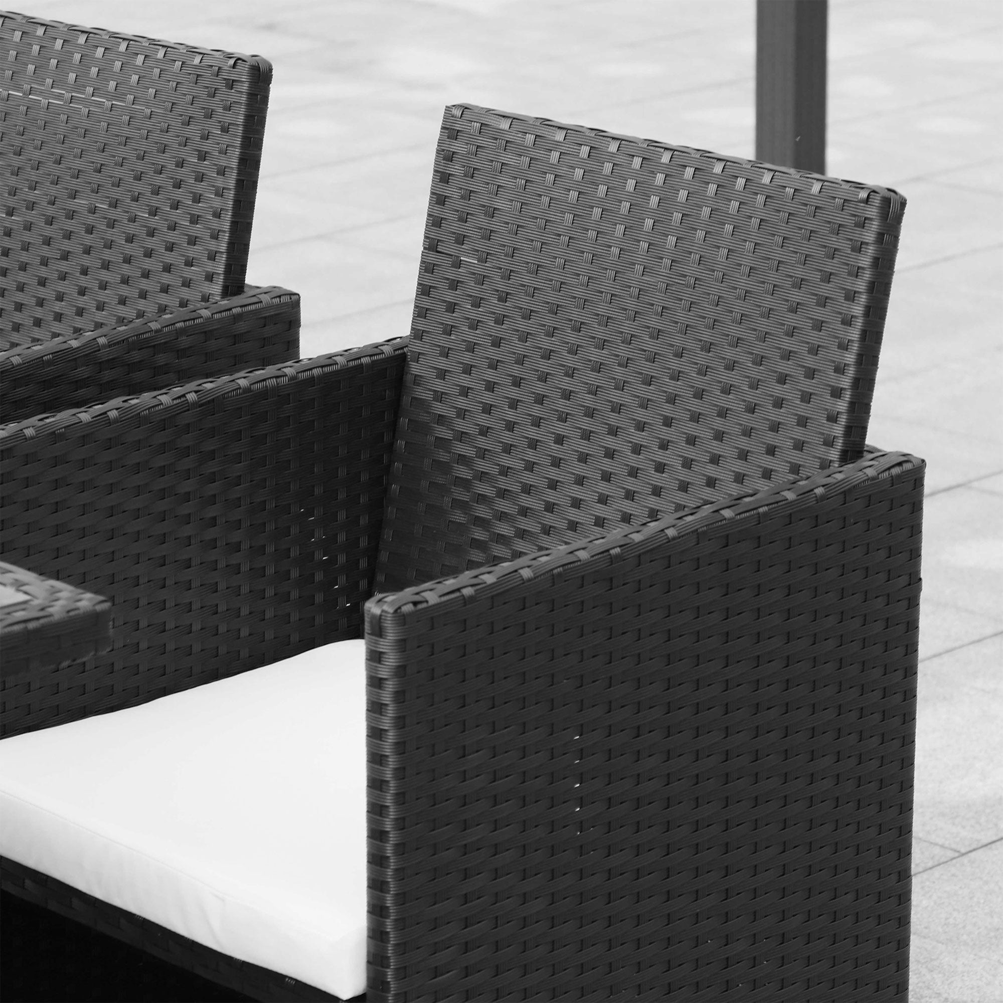 Outsunny 9 Pieces Wicker Patio Dining Set Outdoor Furniture Set with Removable Cushions, Glass Top Dining Table, Ottomans, PE Rattan Conversation Set for Garden Poolside, Cream