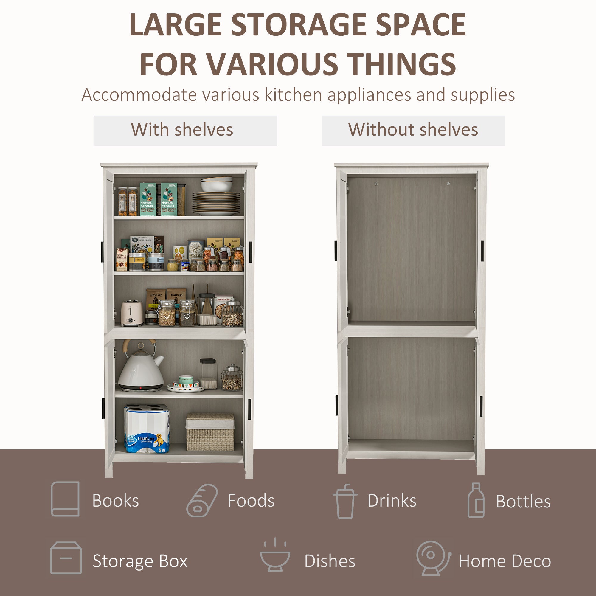 HOMCOM 64" Kitchen Pantry Cabinet, Freestanding Storage Cabinet with 4 Doors and 3 Adjustable Shelves for Dining Room, Antique White