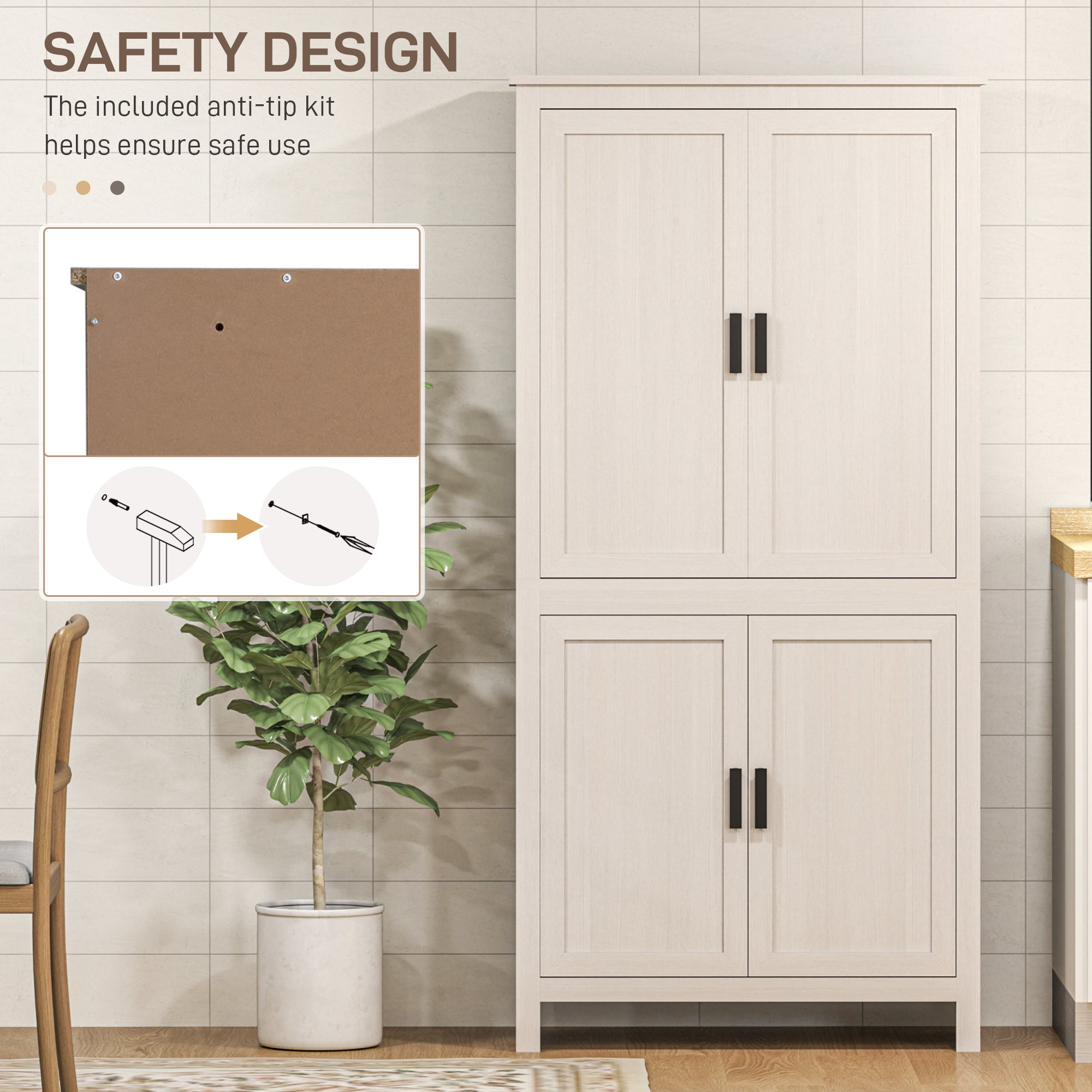 HOMCOM 64" Kitchen Pantry Cabinet, Kitchen Pantry Storage Cabinet with 4 Doors and 3 Adjustable Shelves, Antique White
