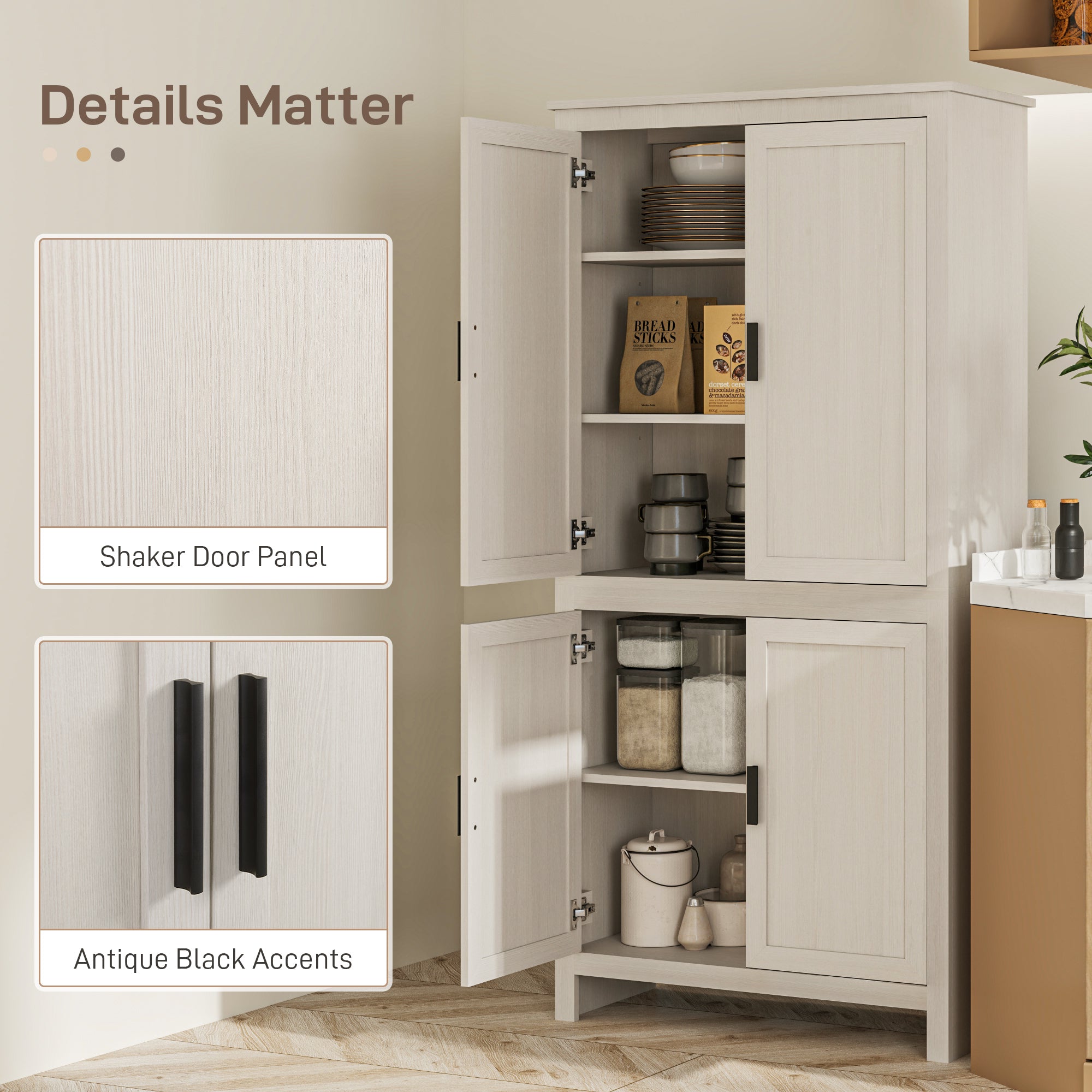 HOMCOM 64" Kitchen Pantry Cabinet, Kitchen Pantry Storage Cabinet with 4 Doors and 3 Adjustable Shelves, Antique White