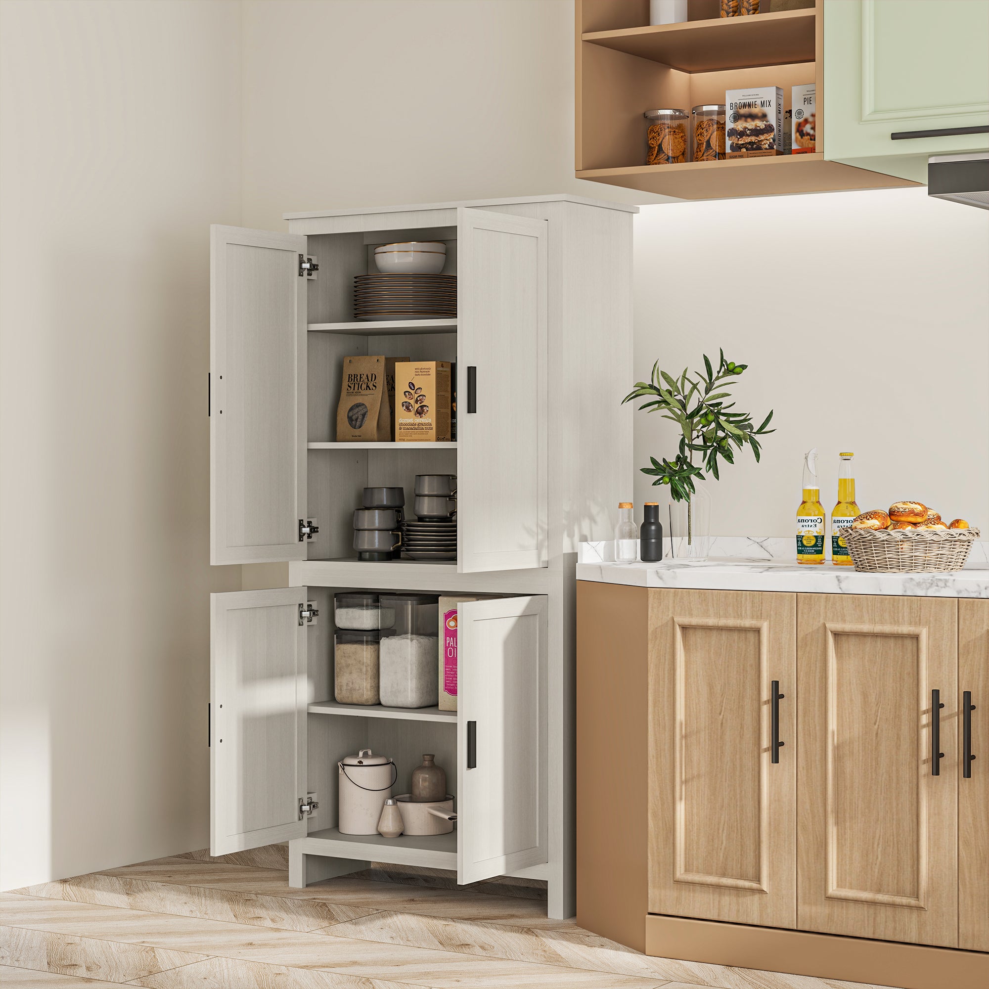 HOMCOM 64" Kitchen Pantry Cabinet, Kitchen Pantry Storage Cabinet with 4 Doors and 3 Adjustable Shelves, Antique White