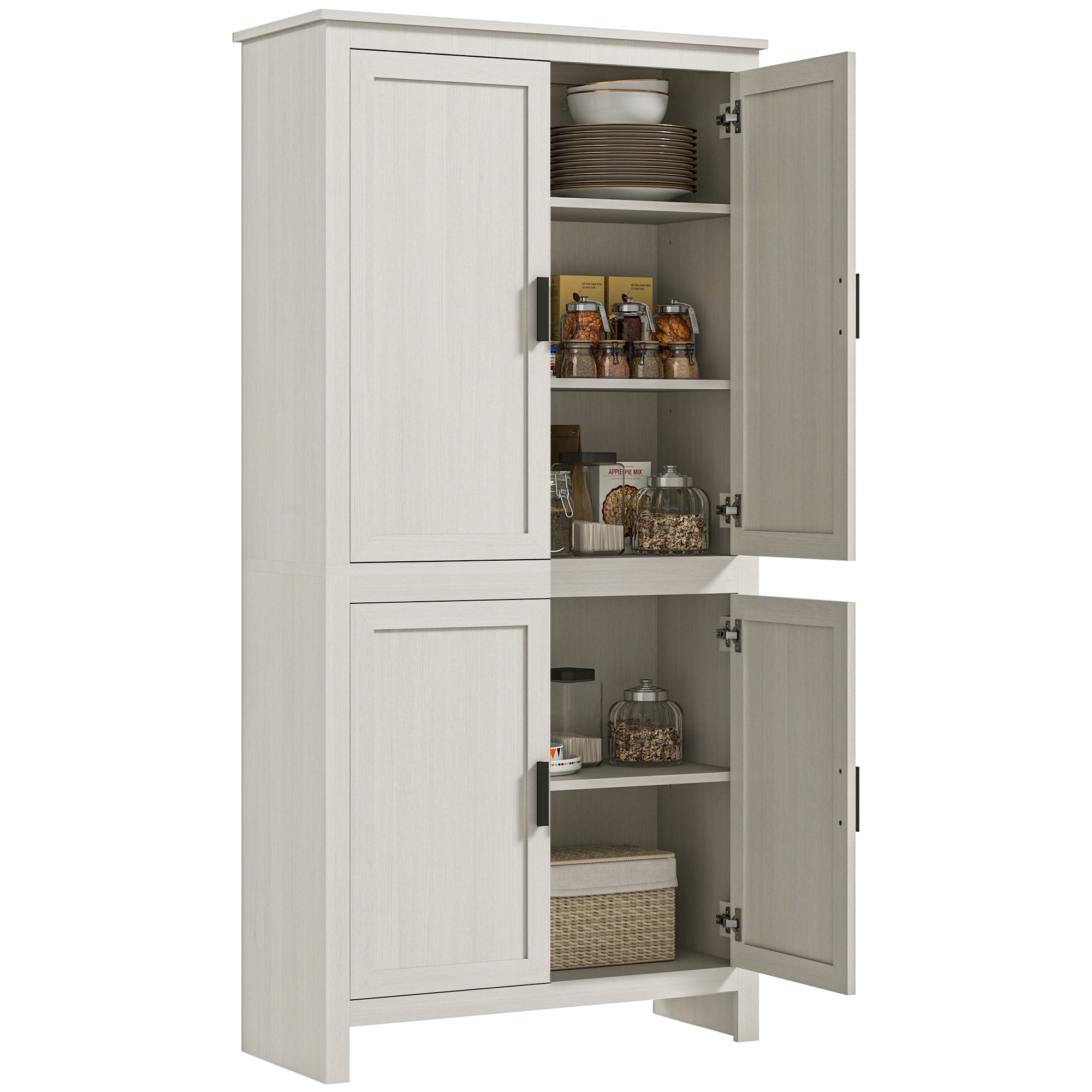 HOMCOM 64" Kitchen Pantry Cabinet, Kitchen Pantry Storage Cabinet with 4 Doors and 3 Adjustable Shelves, Antique White