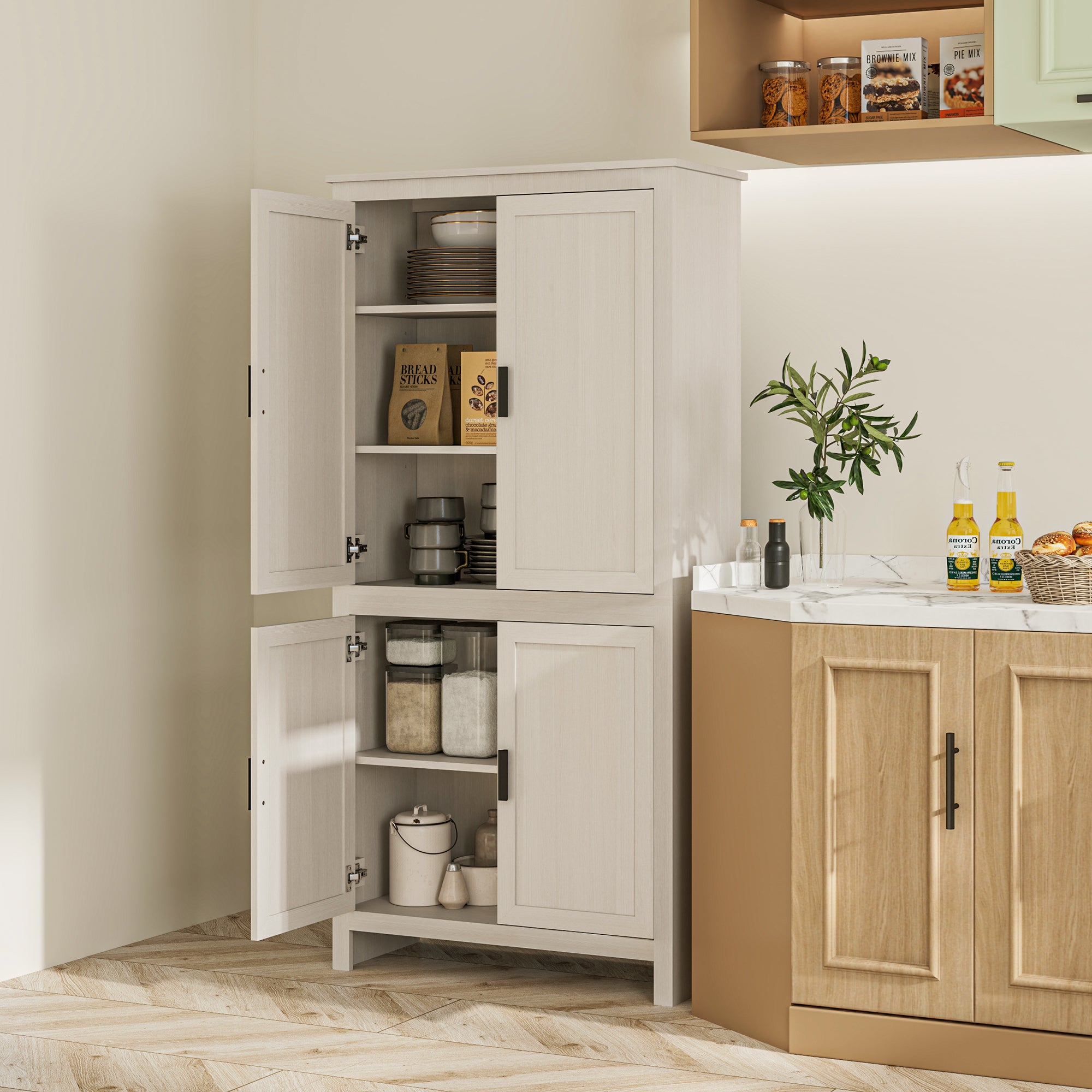 HOMCOM 64" Kitchen Pantry Cabinet, Kitchen Pantry Storage Cabinet with 4 Doors and 3 Adjustable Shelves, Antique White