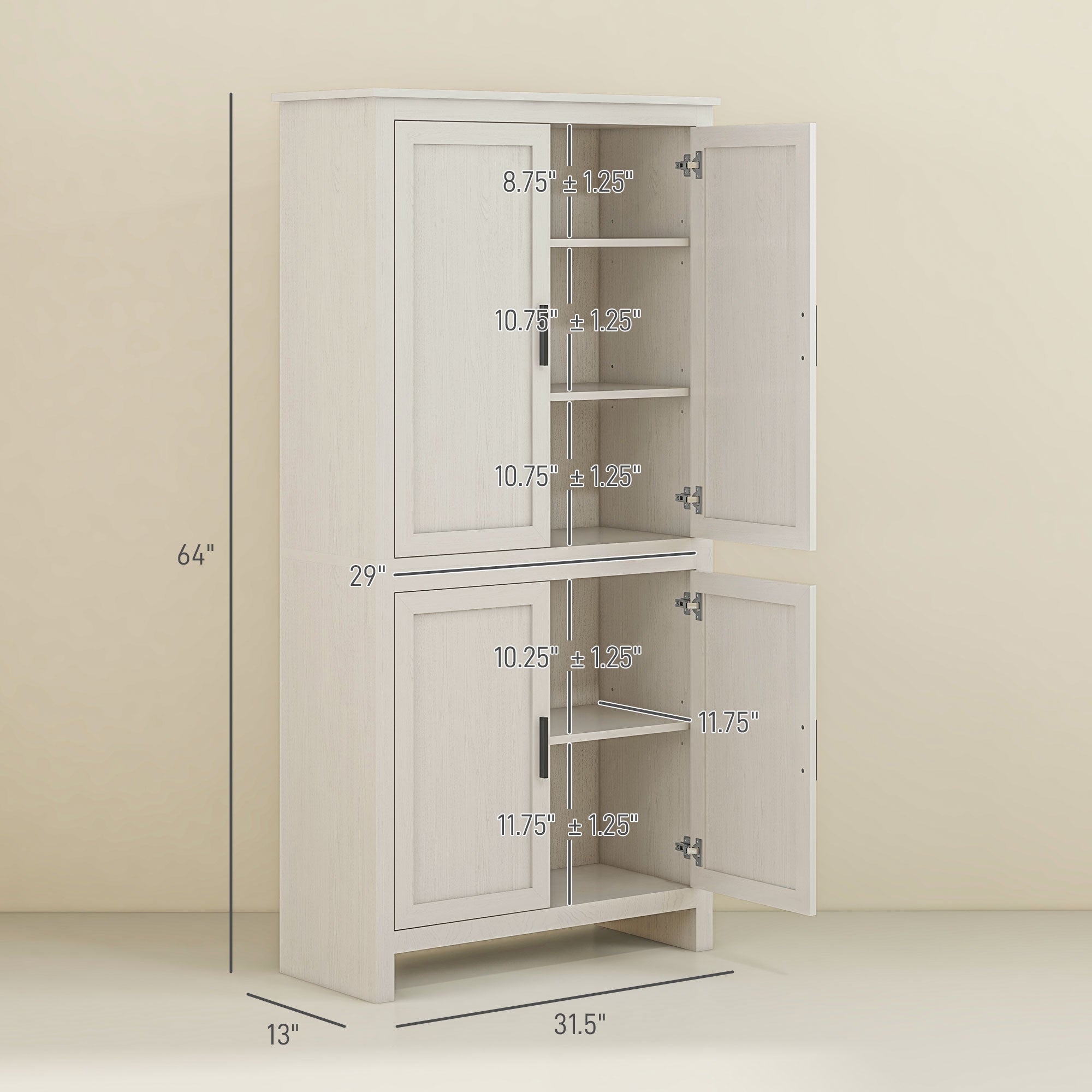 HOMCOM 64" Kitchen Pantry Cabinet, Freestanding Storage Cabinet with 4 Doors and 3 Adjustable Shelves for Dining Room, Antique White
