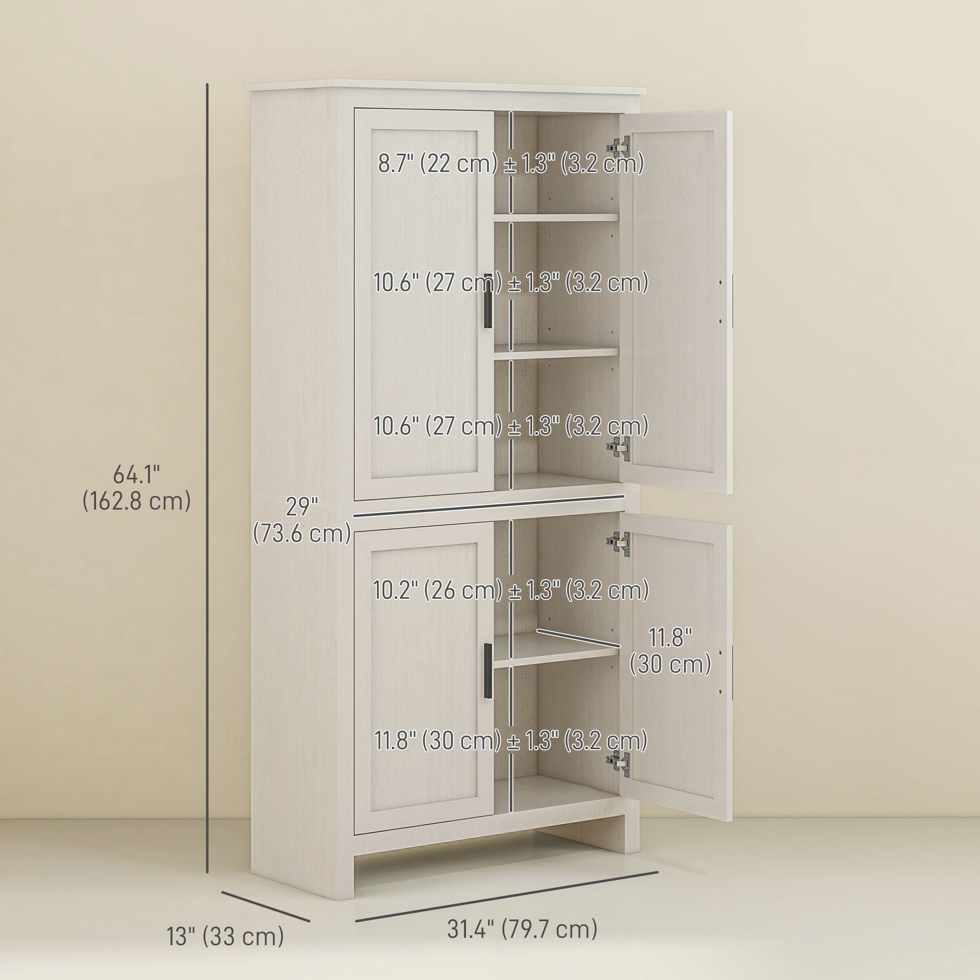 HOMCOM 64" Kitchen Pantry Cabinet, Kitchen Pantry Storage Cabinet with 4 Doors and 3 Adjustable Shelves, Antique White