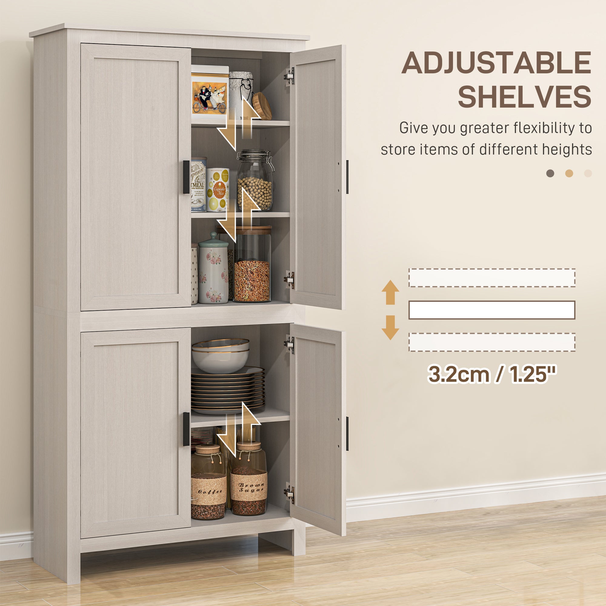 HOMCOM 64" Kitchen Pantry Cabinet, Kitchen Pantry Storage Cabinet with 4 Doors and 3 Adjustable Shelves, Antique White