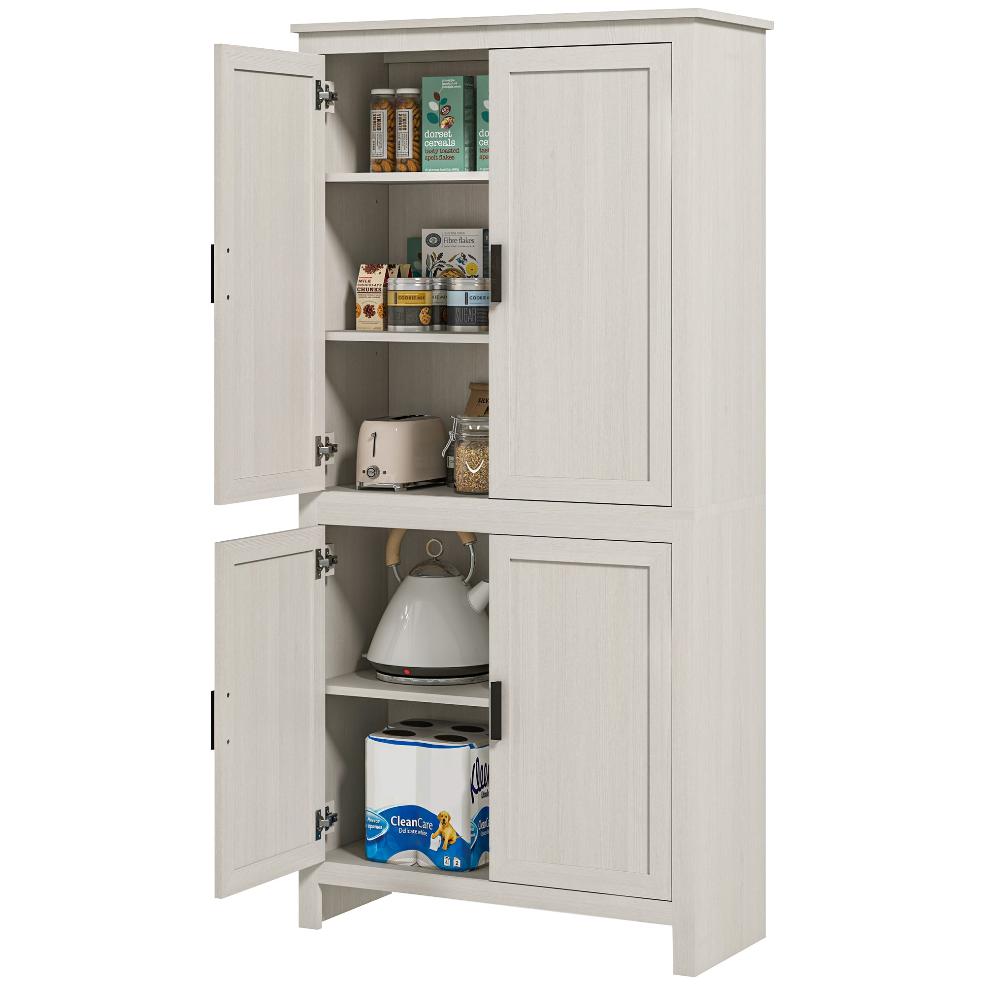 HOMCOM 64" Kitchen Pantry Cabinet, Freestanding Storage Cabinet with 4 Doors and 3 Adjustable Shelves for Dining Room, Antique White