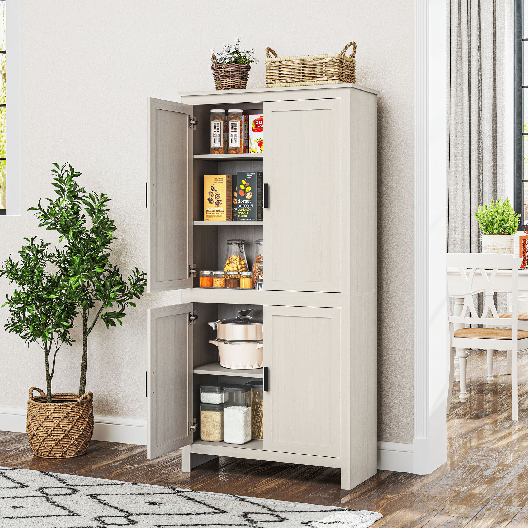 HOMCOM 64" Kitchen Pantry Cabinet, Freestanding Storage Cabinet with 4 Doors and 3 Adjustable Shelves for Dining Room, Antique White