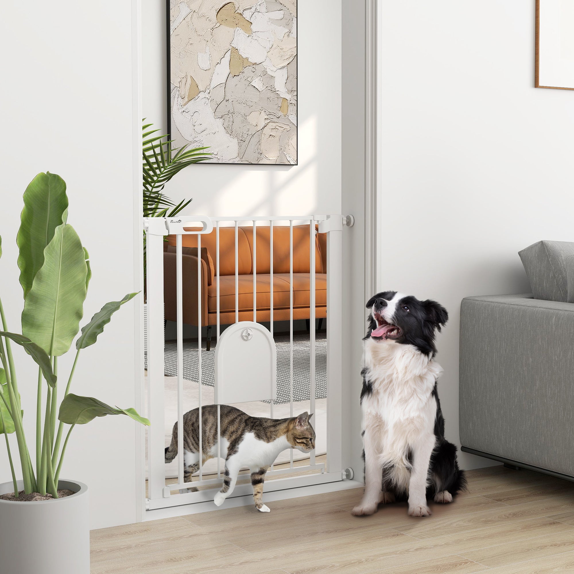 PawHut 30"-32" Extra Wide Pet Gate with Small Door, 35"H Dog Gate with Safety Gate Barrier, Stair Pressure Fit, Auto Close, Double Locking, for Doorways, Hallways, White