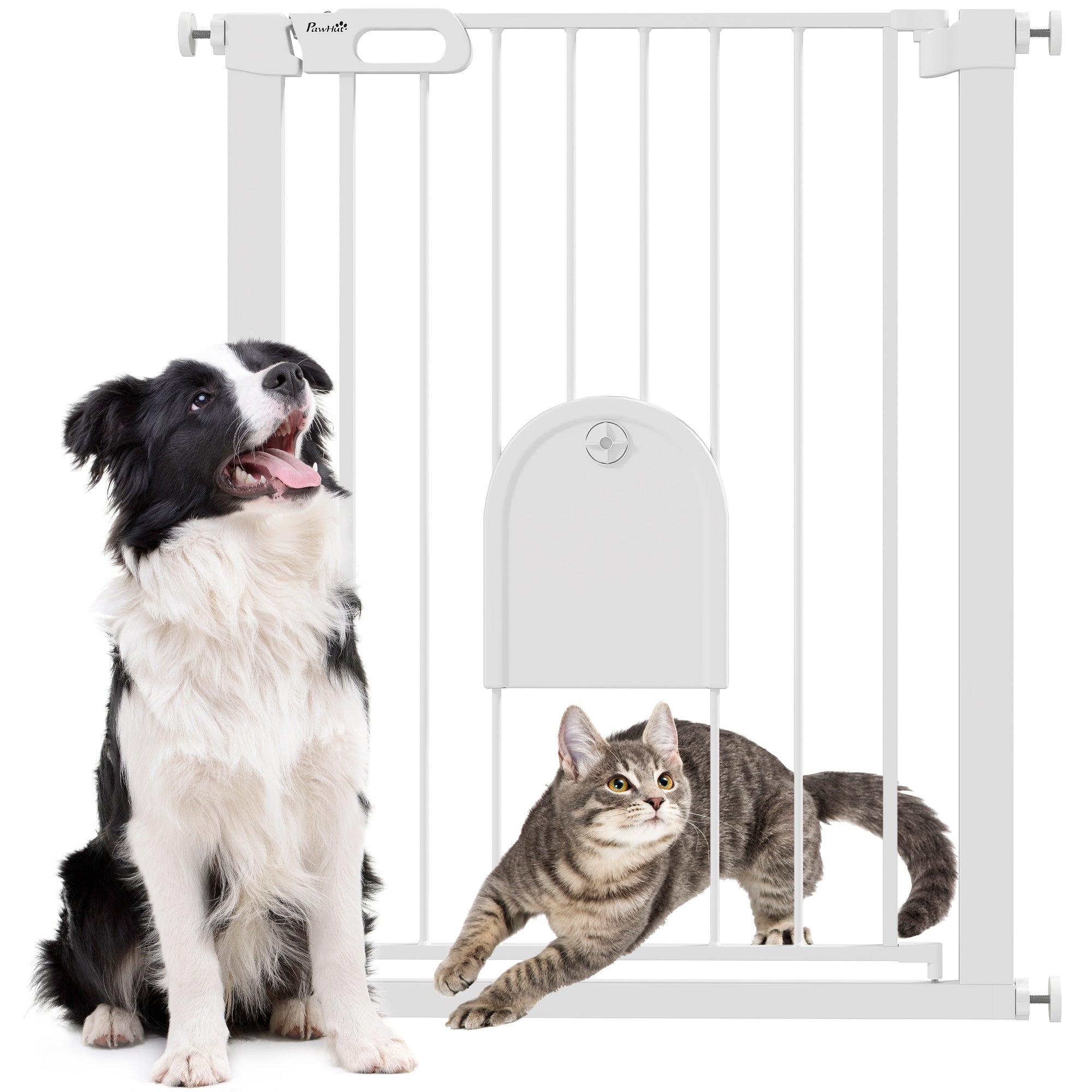 PawHut 30"-32" Extra Wide Pet Gate with Small Door, 35"H Dog Gate with Safety Gate Barrier, Stair Pressure Fit, Auto Close, Double Locking, for Doorways, Hallways, White