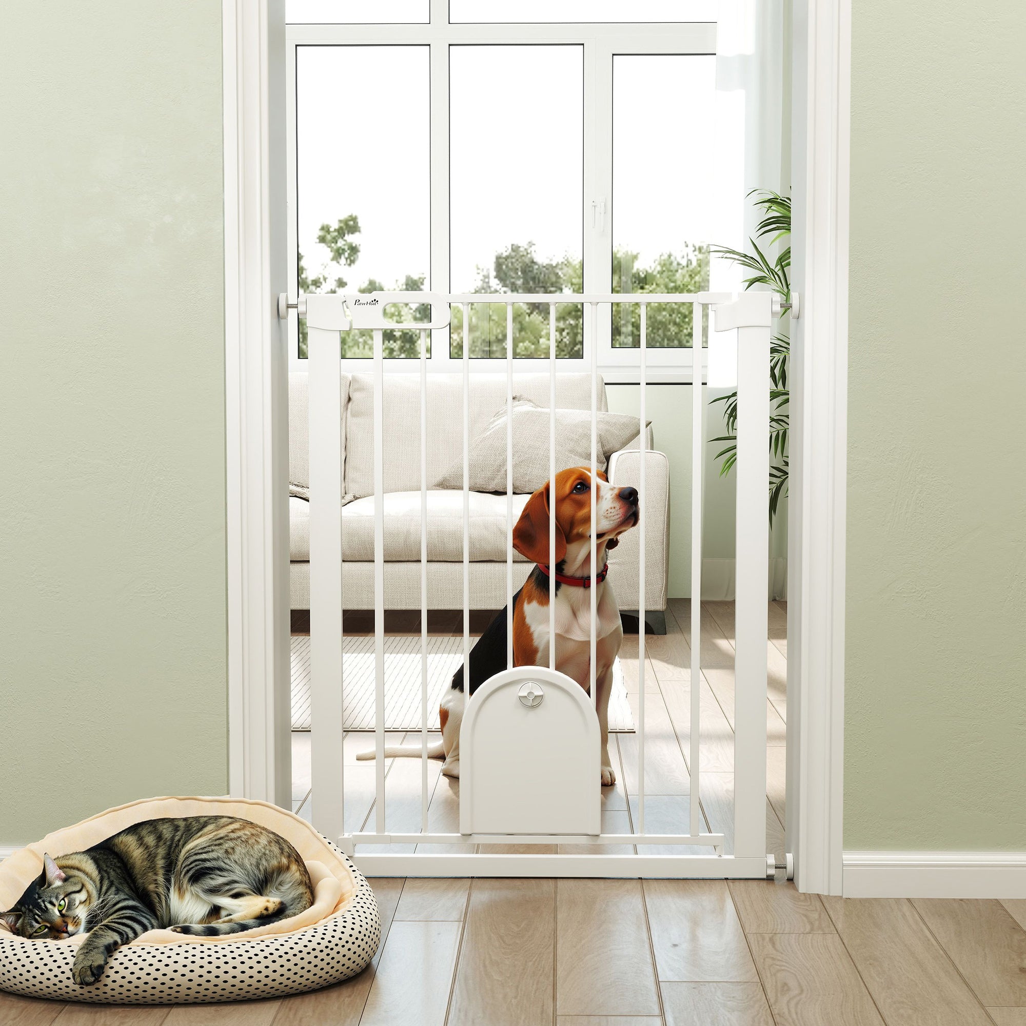PawHut 30"-32" Extra Wide Pet Gate with Small Door, 35"H Dog Gate with Safety Gate Barrier, Stair Pressure Fit, Auto Close, Double Locking, for Doorways, Hallways, White