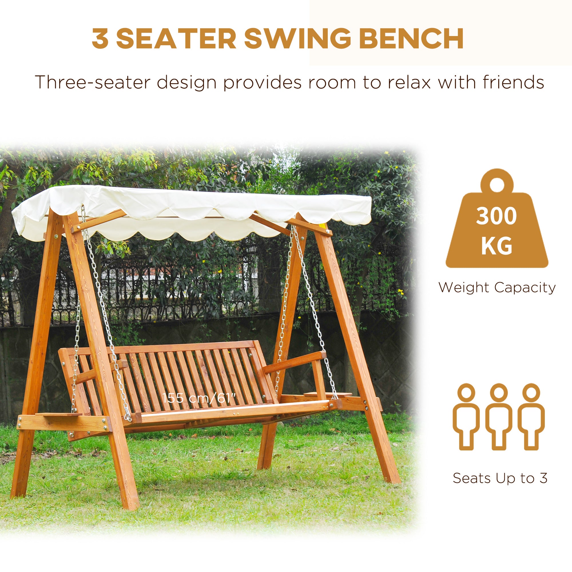 Outsunny 80" Patio Swing Chair with Canopy Outdoor Wooden Swing Bench Hammock for Garden, Poolside, Backyard