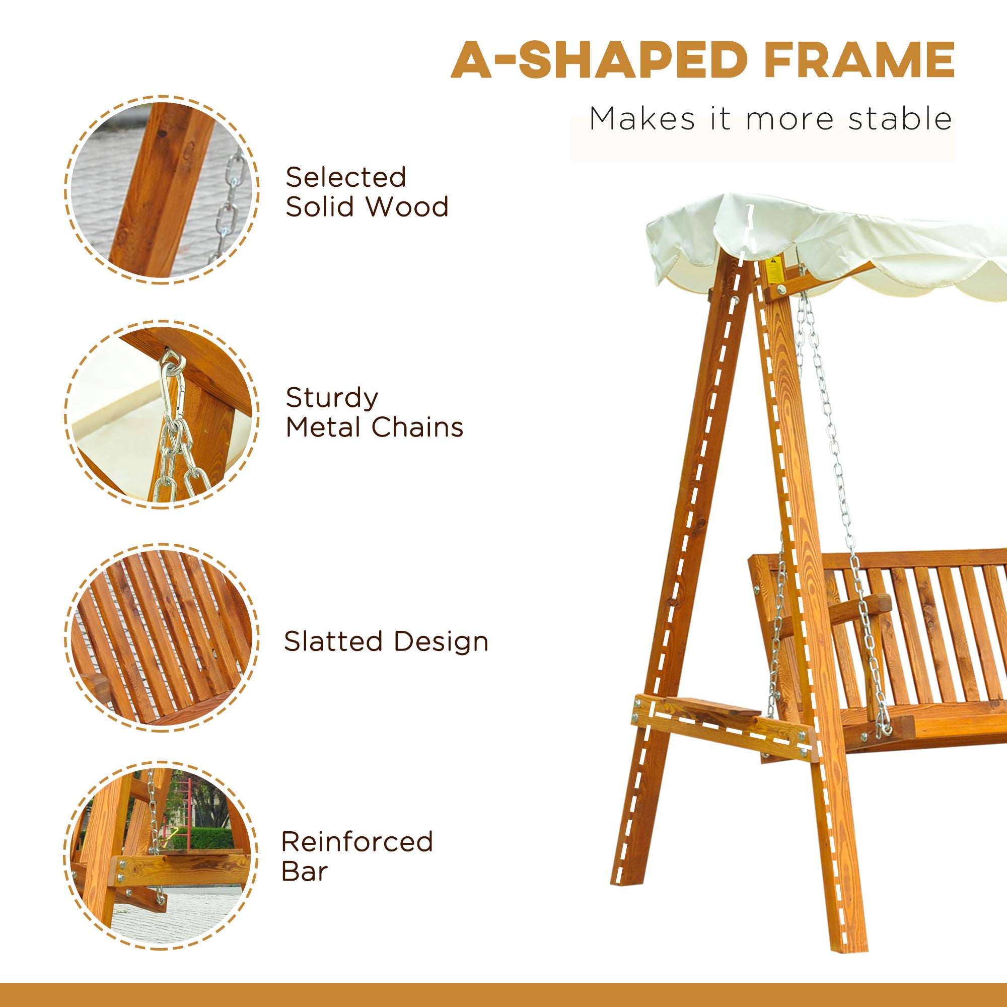 Outsunny 80" Patio Swing Chair with Canopy Outdoor Wooden Swing Bench Hammock for Garden, Poolside, Backyard