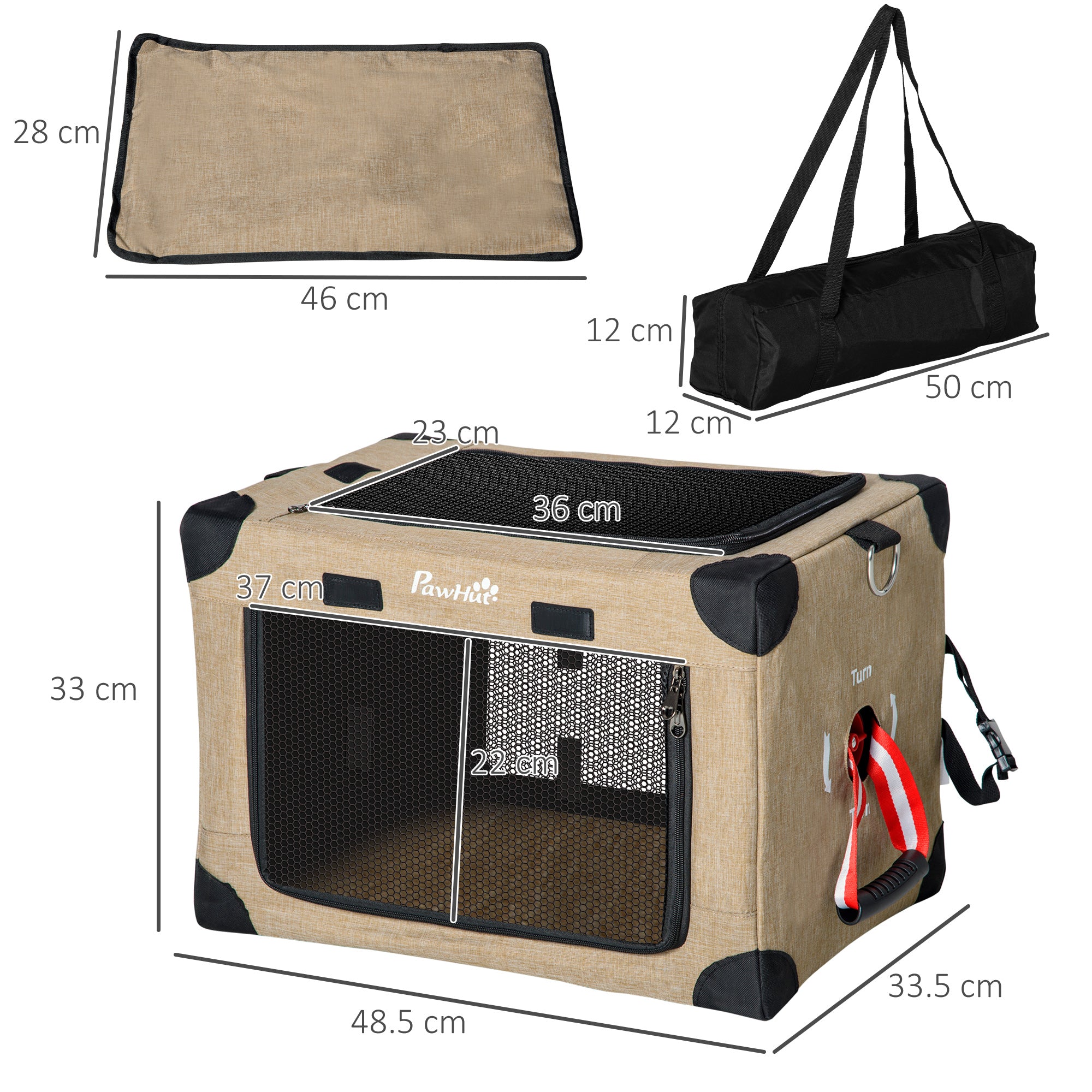 PawHut Foldable Pet Carrier for Miniature Dogs, Portable Cat Carrier Soft Side Pet Travel Crate with Removable Mat, Breathable Mesh - 50 x 34 x 33 cm